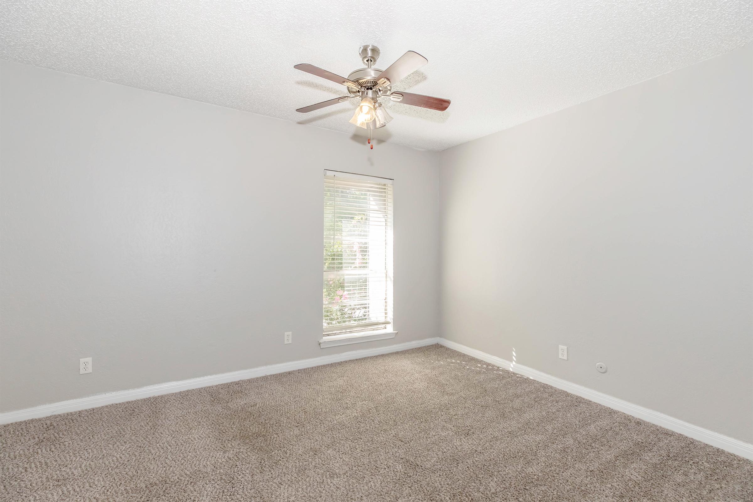 Empty room with light gray walls and a ceiling fan. The floor is covered in beige carpet. There's a window with blinds allowing natural light to enter. The overall space appears clean and well-lit, suitable for various uses or decoration.