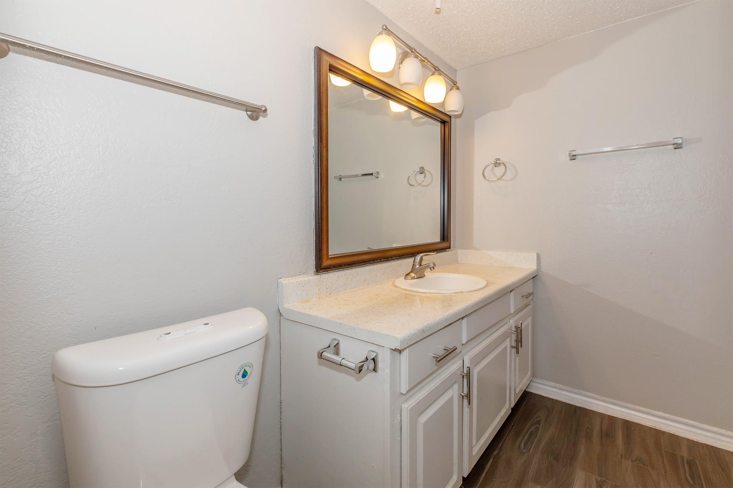 A modern bathroom featuring a white vanity with a sink, a large mirror with lights above, a toilet, and towel bars. The walls are painted in a light gray color, and the flooring has a wood-like appearance, giving the space a clean and contemporary feel.