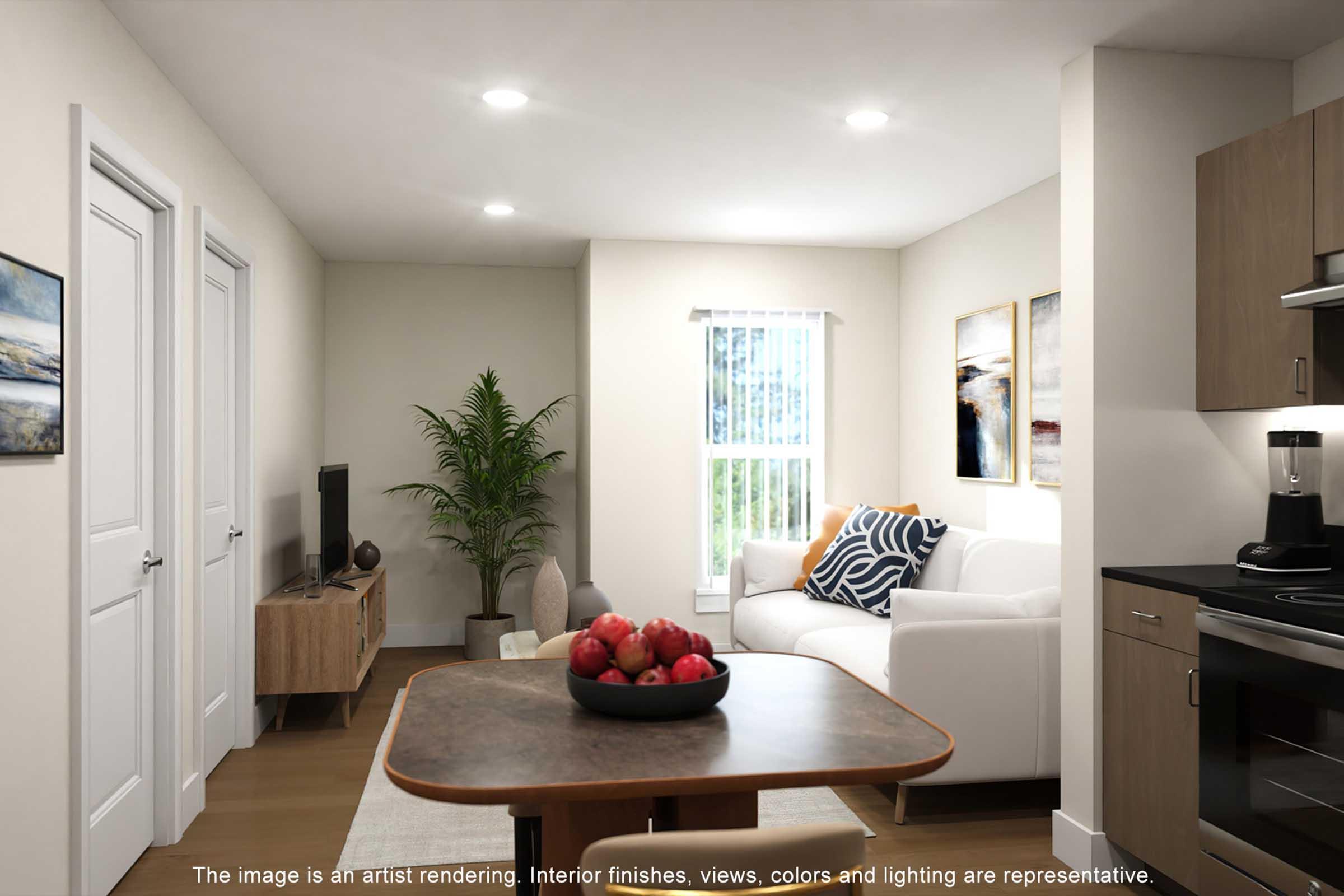 A modern living room featuring a white couch, a wooden coffee table with a bowl of red apples, and a TV unit. There’s a large window with natural light, a potted plant, and art on the walls. The space has a neutral color palette with warm lighting, creating a cozy atmosphere.