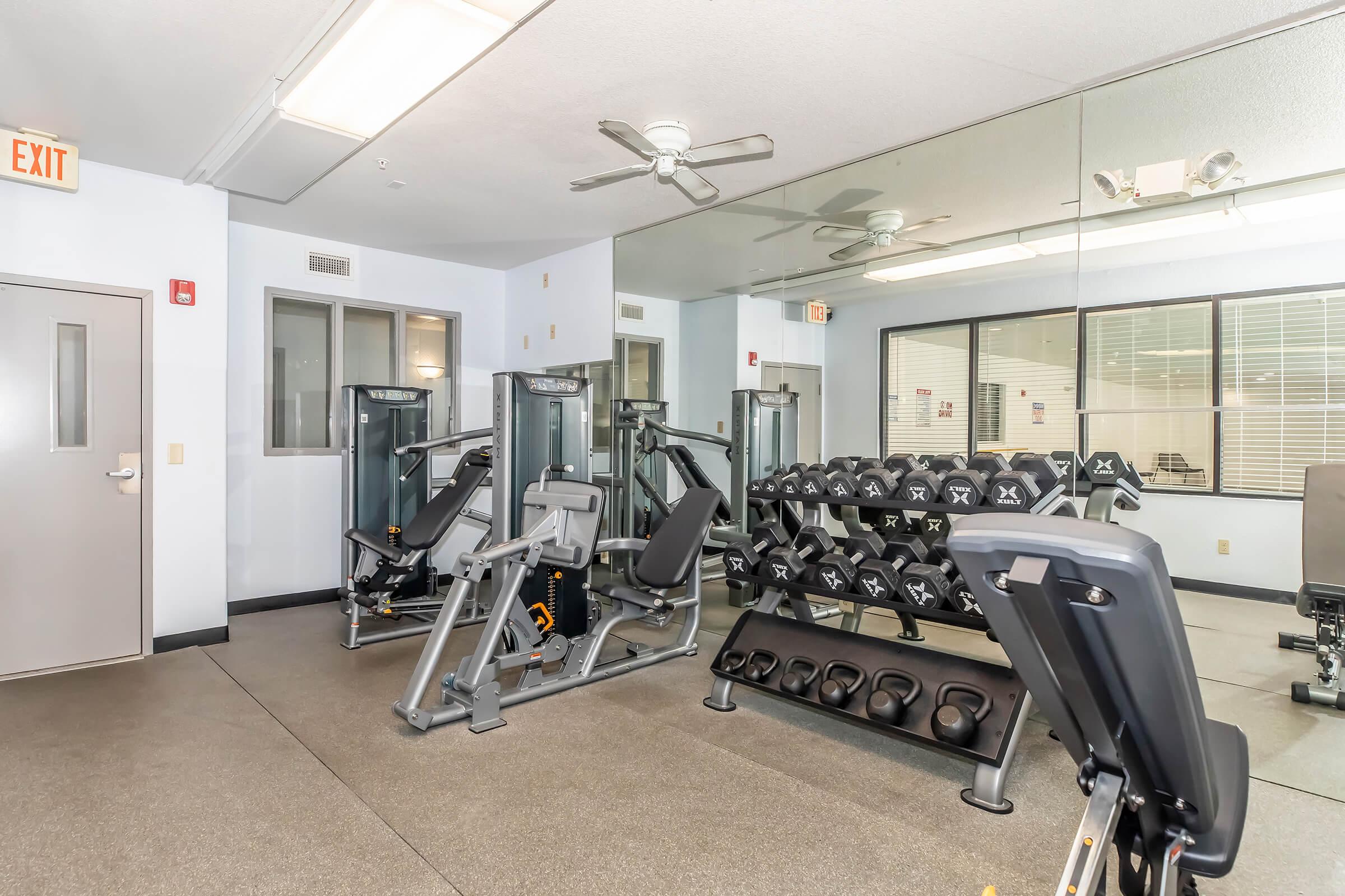 A well-equipped gym featuring various exercise machines, free weights, and a large mirror. The space includes a stationary bike, weight benches, and a dumbbell rack. The flooring is dark, and the environment is well-lit, providing a functional space for workouts.