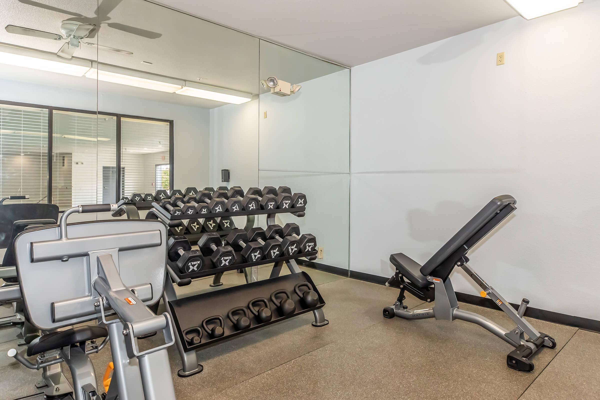 A well-lit gym area featuring a set of dumbbells neatly arranged on a rack, a weight bench, and a mirror reflecting the space. The flooring is smooth and the walls are painted light colors, creating a clean and modern workout environment.