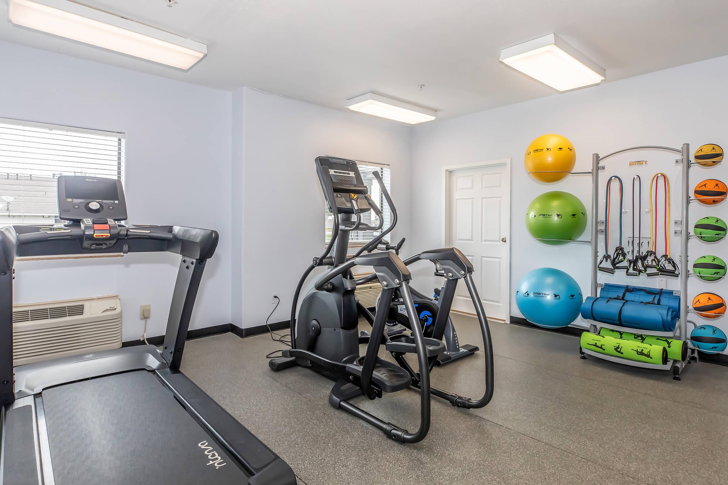 A fitness room featuring a treadmill, an elliptical machine, and exercise equipment. The walls are adorned with exercise balls and resistance bands, and the space is well-lit with overhead lighting and a window allowing natural light. The flooring is dark and smooth.