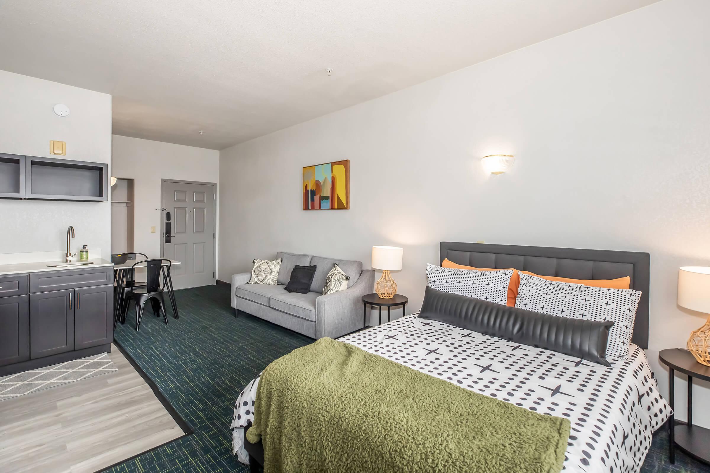 A spacious studio apartment featuring a king-sized bed with patterned bedding, a cozy gray sofa, a small dining area with black chairs, and a kitchenette. The room is well-lit with modern decor and has a colorful painting on the wall. A rug is positioned on the floor, enhancing the inviting atmosphere.