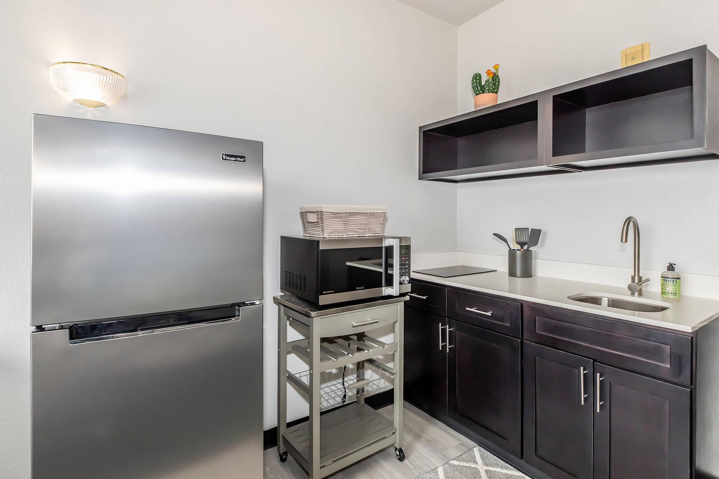 Modern kitchen with stainless steel refrigerator, dark wood cabinets, and a white countertop. Features a microwave on a small cart, sink, and a coffee maker. A cactus decorates the shelf above the cabinets. Bright lighting enhances the clean and contemporary design.