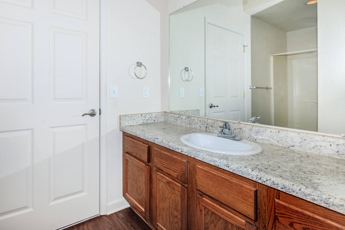 a double sink and large mirror