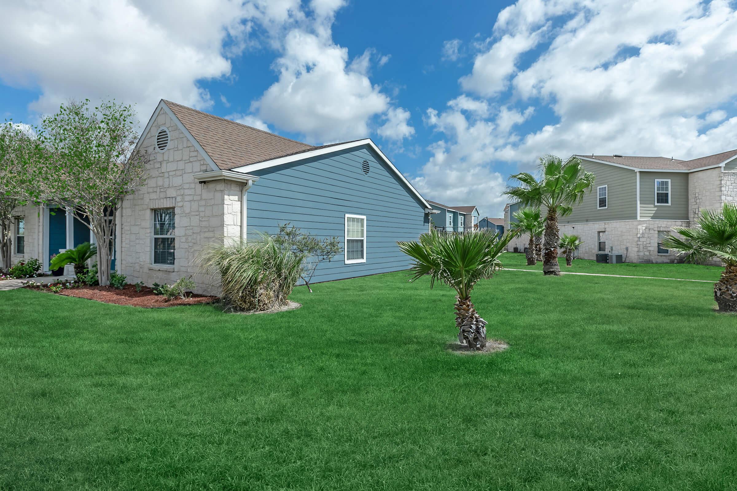 Greenspace and palm tress outside office Portside Villas Apts Ingleside, TX  78362
