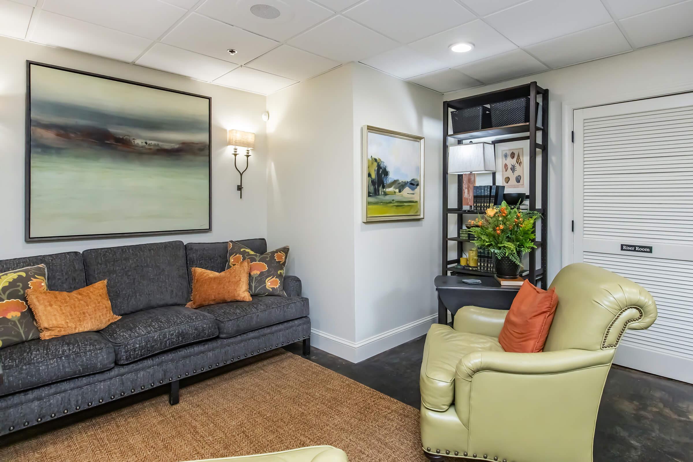 A cozy indoor lounge area featuring a dark gray sofa adorned with colorful cushions, a green armchair, a small bookshelf with decorative items and plants, and two pieces of abstract artwork on the walls. The space has soft lighting and a warm, inviting atmosphere.