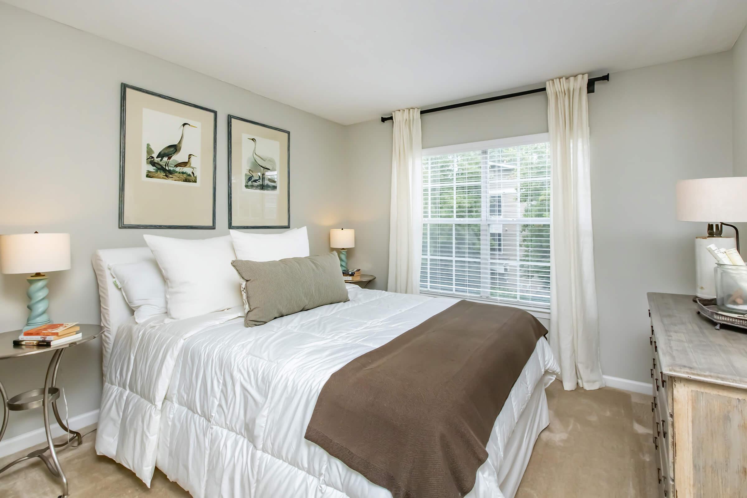 A cozy bedroom featuring a queen-sized bed with white linens and a brown throw blanket. There are two framed bird prints on the wall, and soft light from two bedside lamps. A window with sheer curtains lets in natural light, and a wooden dresser is positioned beside the bed.