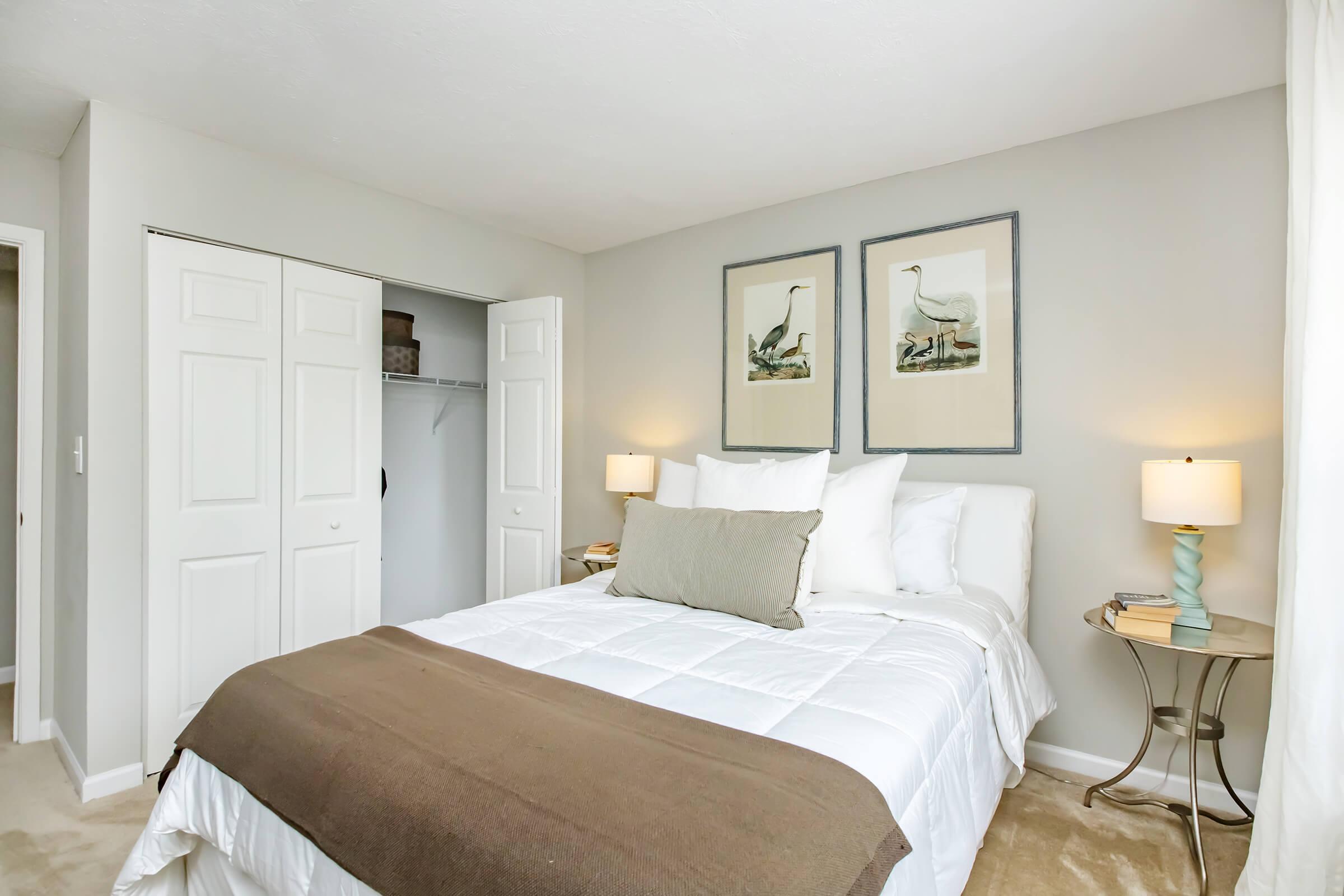 Cozy bedroom featuring a queen-sized bed with white linens and a brown throw blanket. Soft lighting from bedside lamps on either side of the bed. Decorated with framed art of birds and equipped with a closet. Neutral-colored walls and carpet create a calm atmosphere.