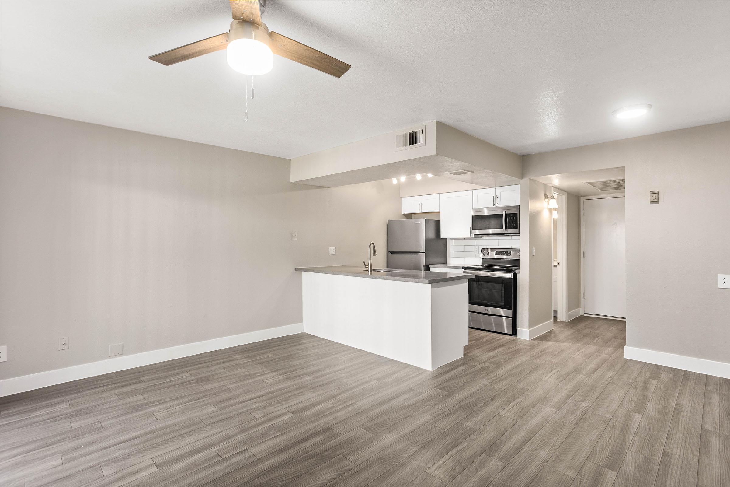 Renovated studio apartment with large kitchen island