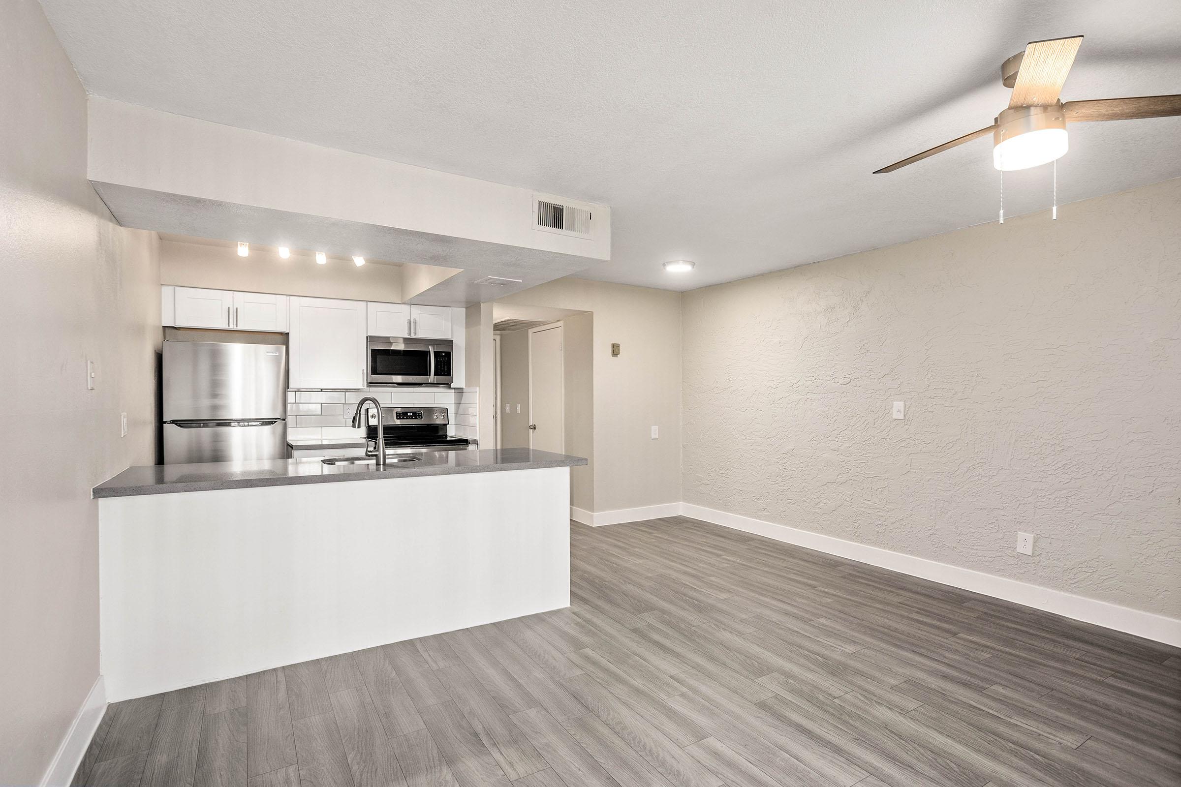 Renovated studio apartment with large kitchen island