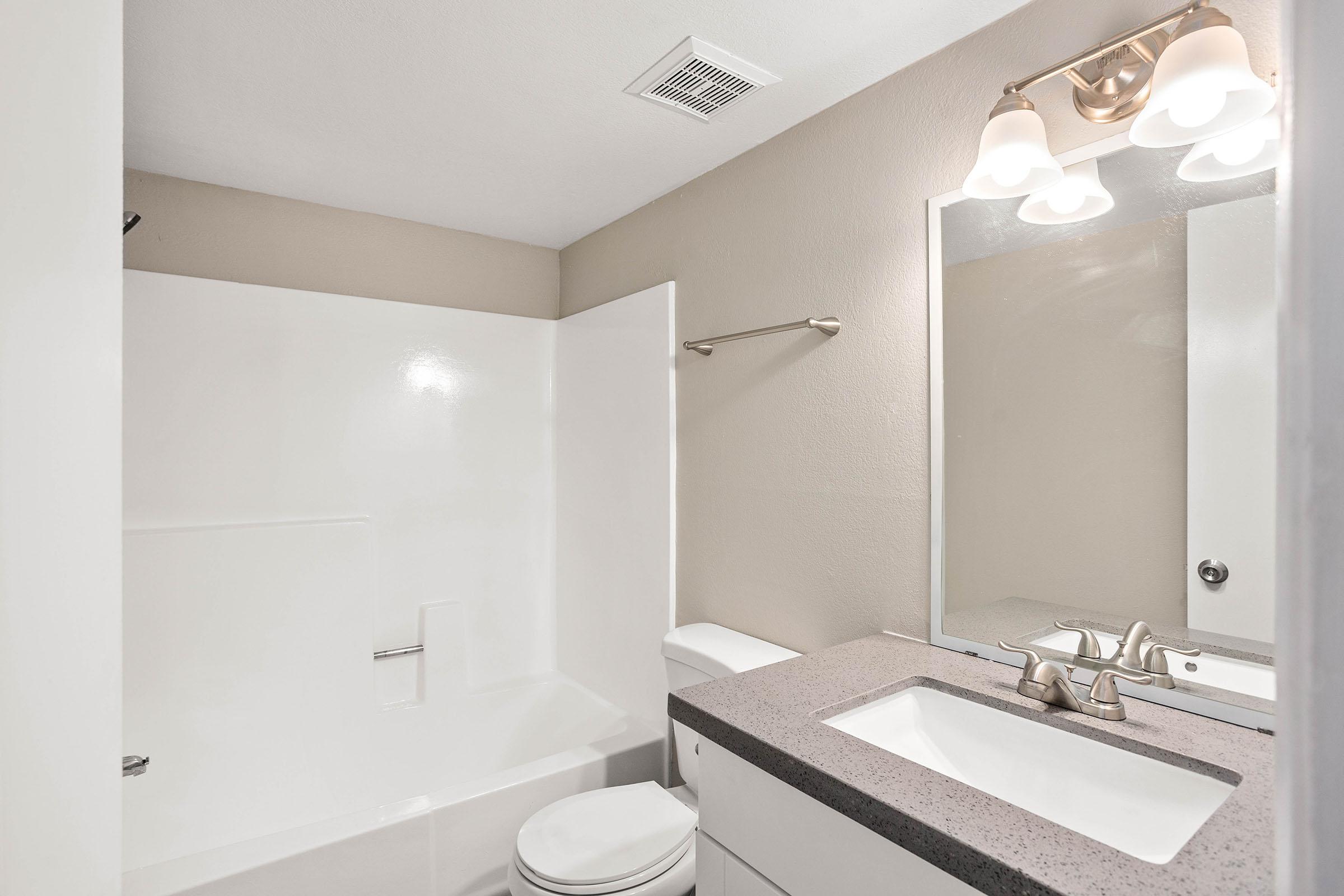 Renovated bathroom with mirrored sink vanity, toilet, and shower tub