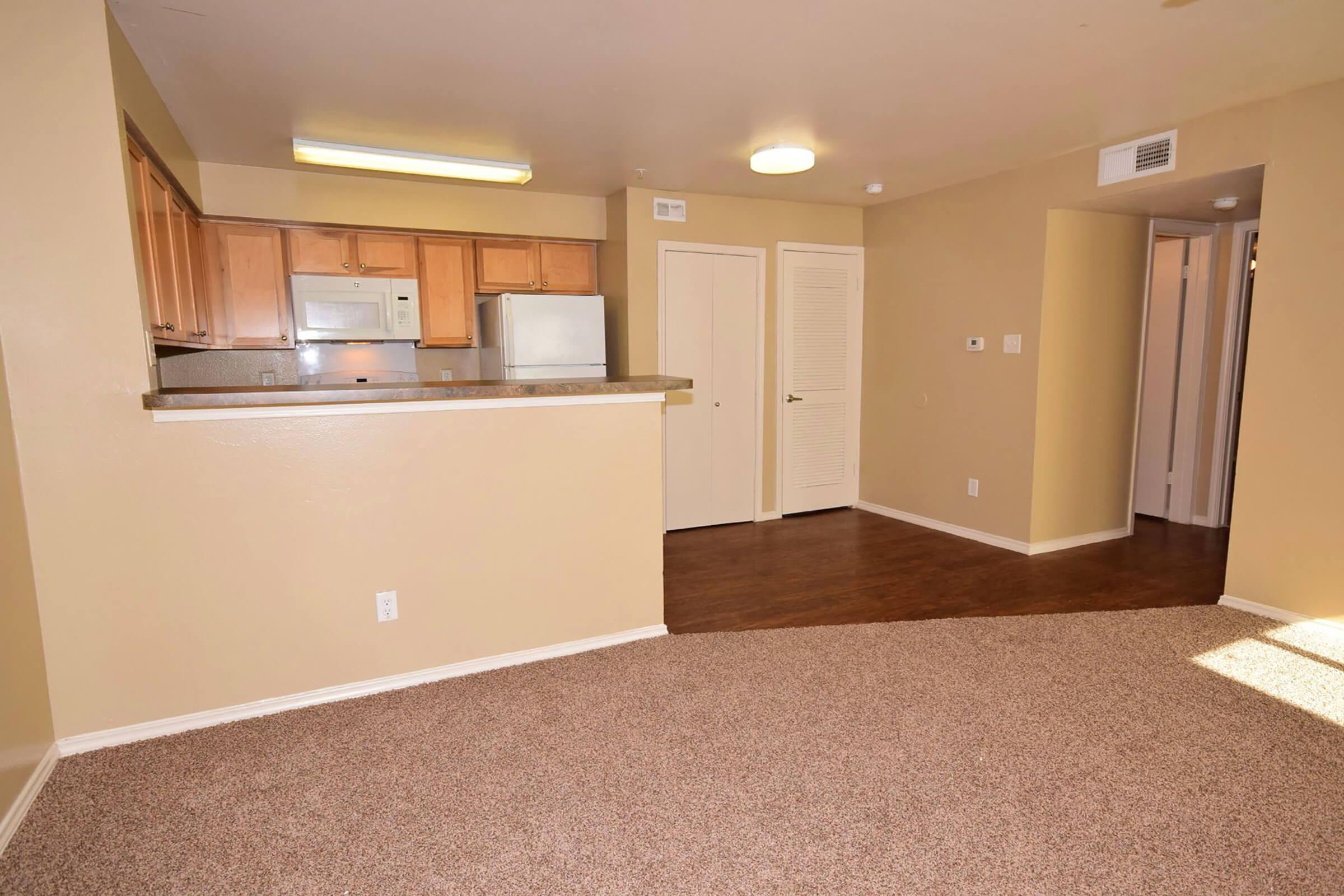 An interior view of a modern, open-concept apartment showing a carpeted living area with light-colored walls. The kitchen features wooden cabinets, a countertop, and stainless steel appliances. There are doorways leading to other rooms, and natural light enters the space.