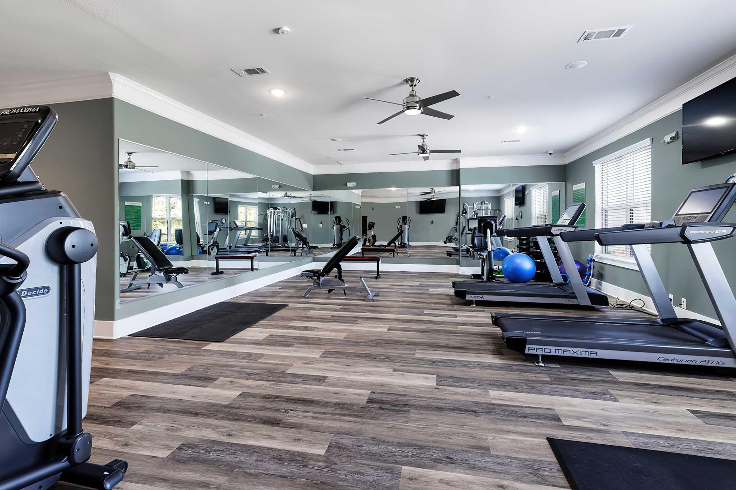 A modern fitness studio featuring various exercise equipment, including treadmills and weight benches, with large mirrors and natural light from windows. The floor has a wood-like finish, and there are exercise balls and a flat-screen TV in the background.