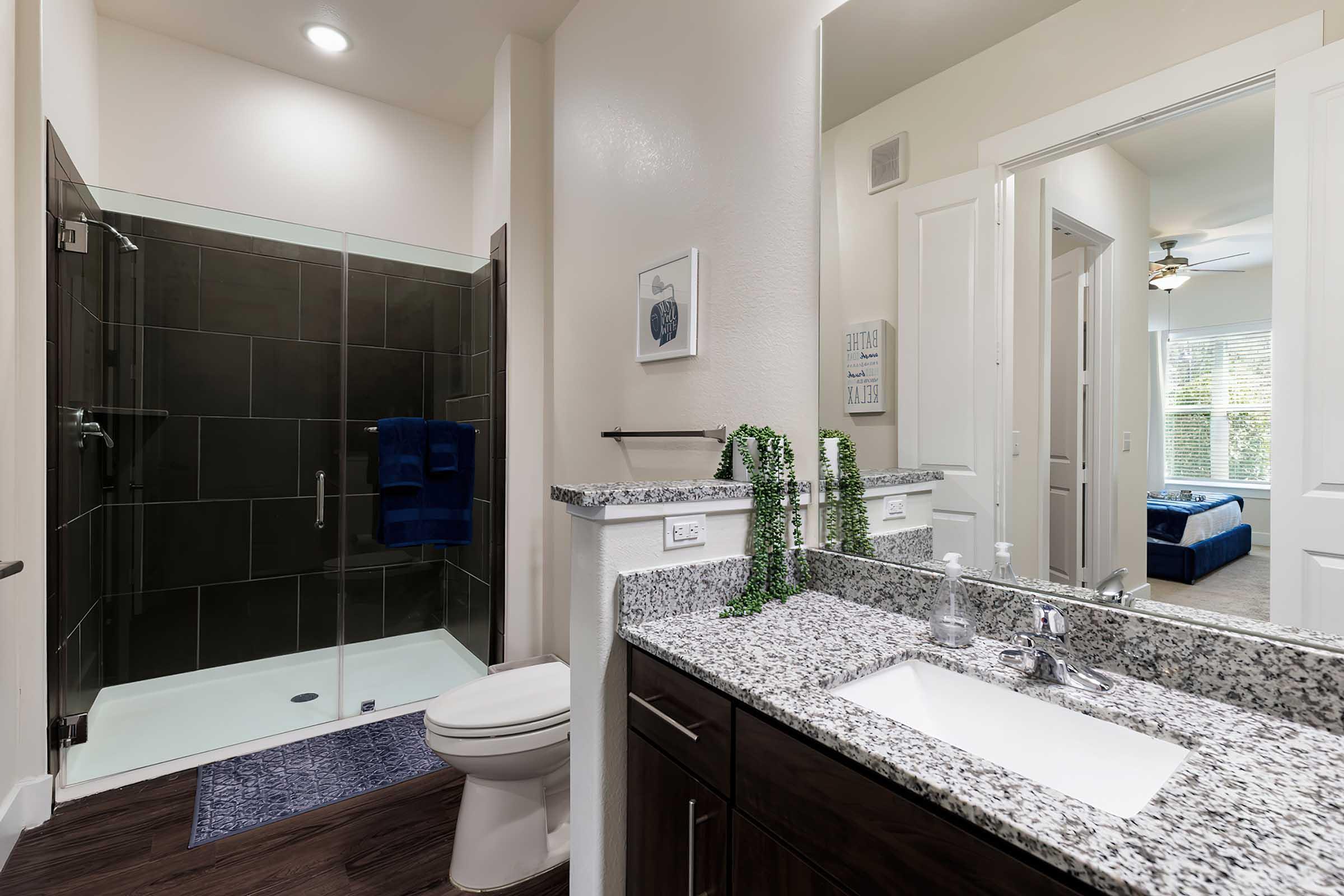 A well-lit bathroom featuring a glass shower enclosure, a dark granite countertop with a sink, and a decorative plant. The room includes a blue towel hanging on the wall and a doorway leading to a bedroom area in the background.