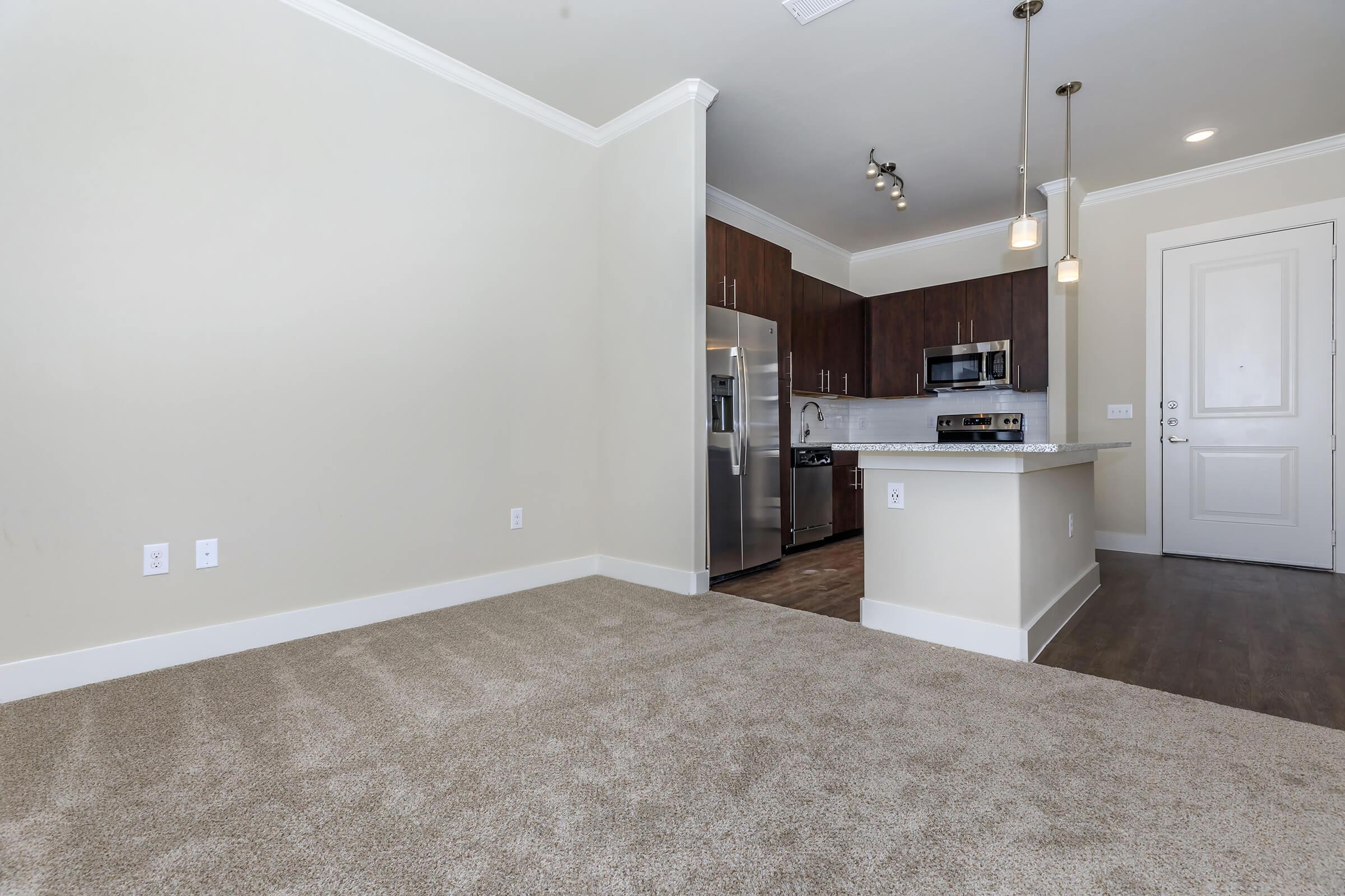 empty room at ivy point kingwood senior living apartments in kingwood tx featuring carpeted flooring and a view of the kitchen