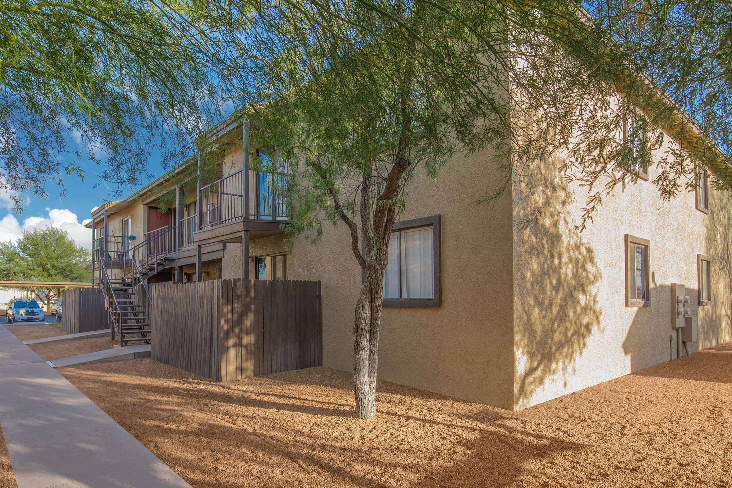 a path with trees on the side of a building