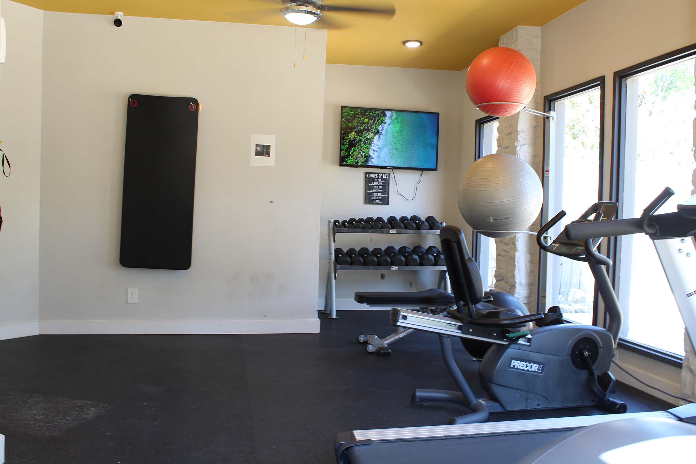 A small gym area featuring a workout mat on the wall, a wall-mounted TV displaying a scenic view, a rack of free weights, an exercise bike, and a stability ball. The room has large windows allowing natural light and a ceiling fan for ventilation. The walls are painted in neutral tones.