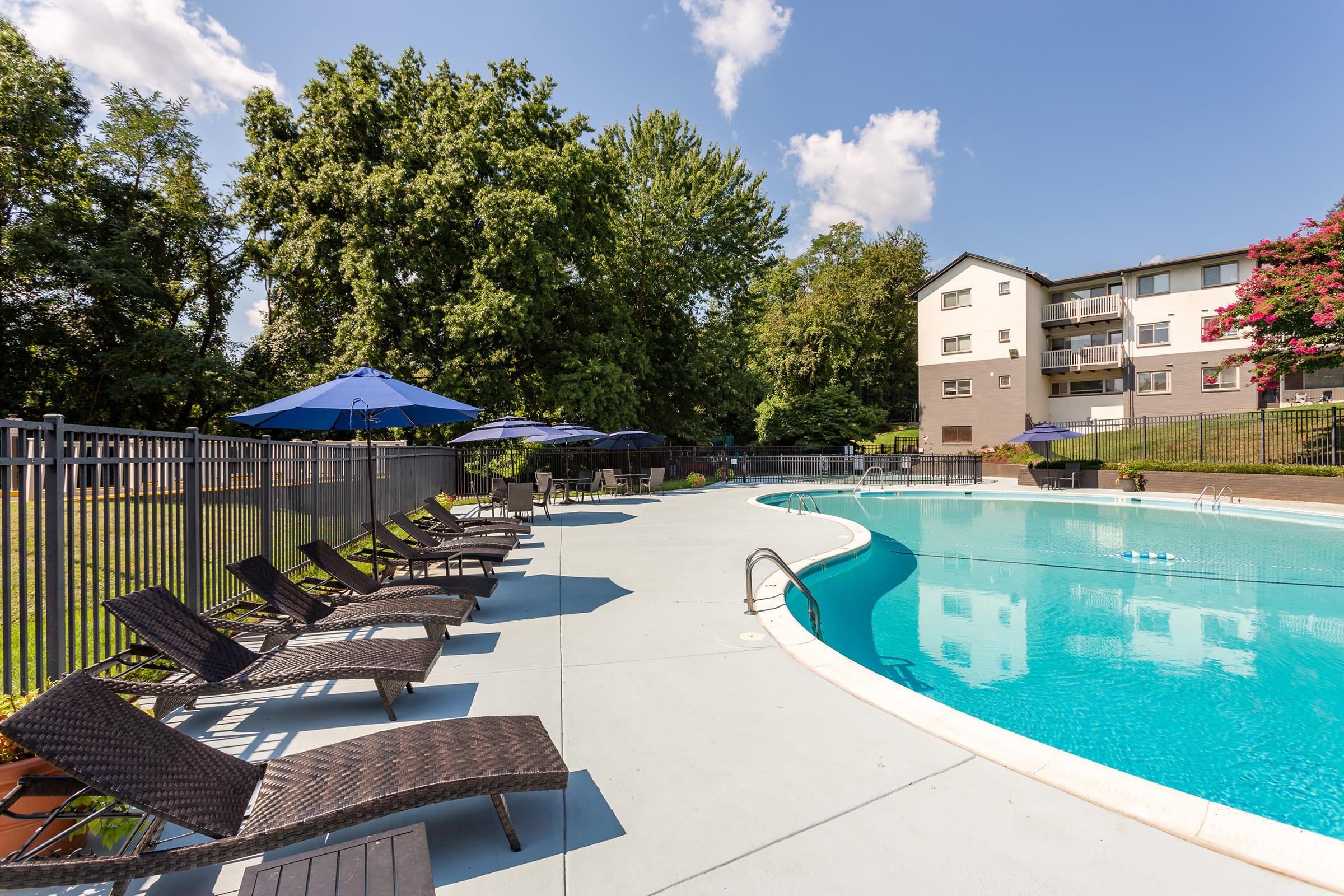 a group of lawn chairs sitting next to a pool of water