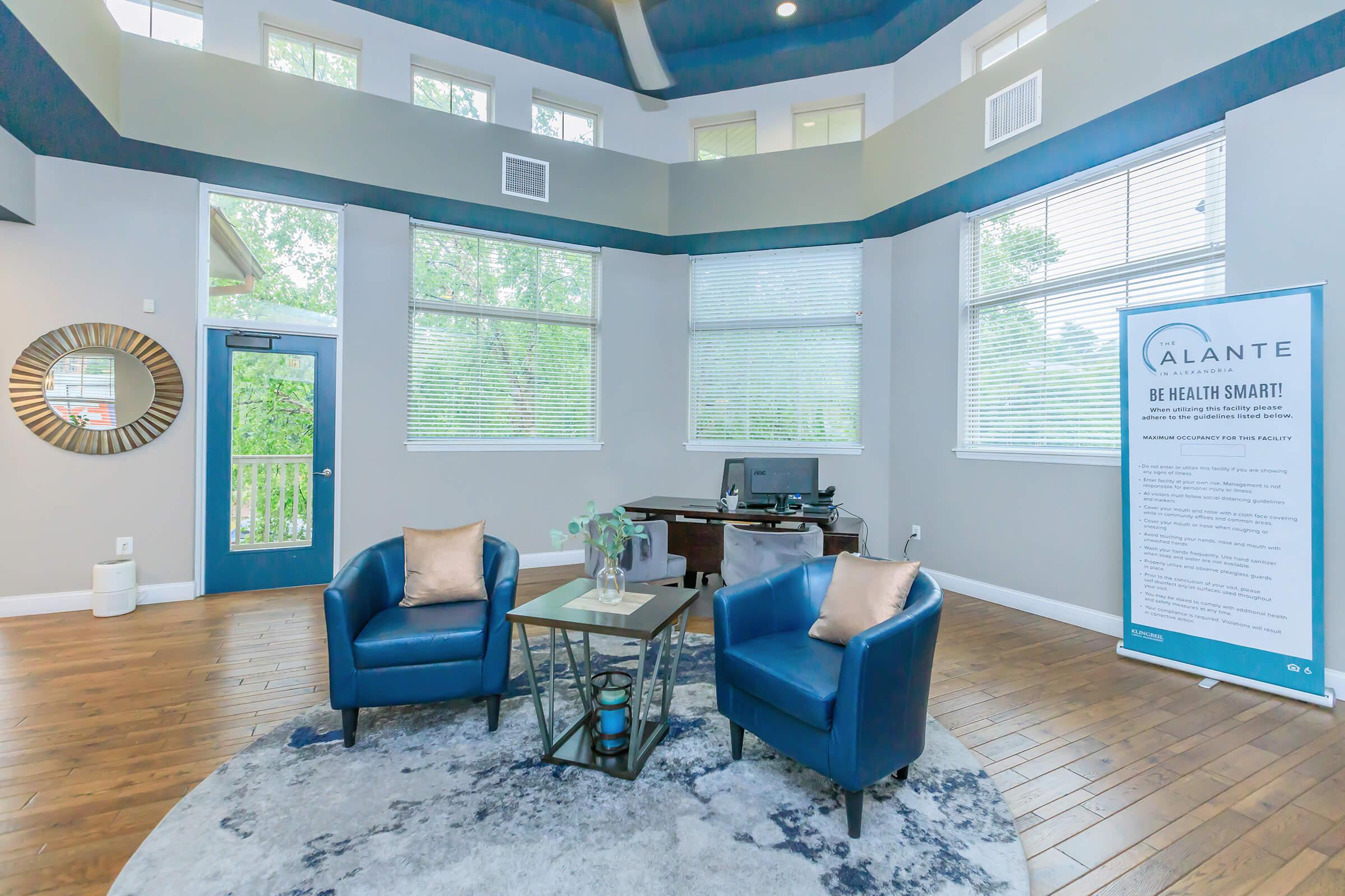 a blue chair in a room