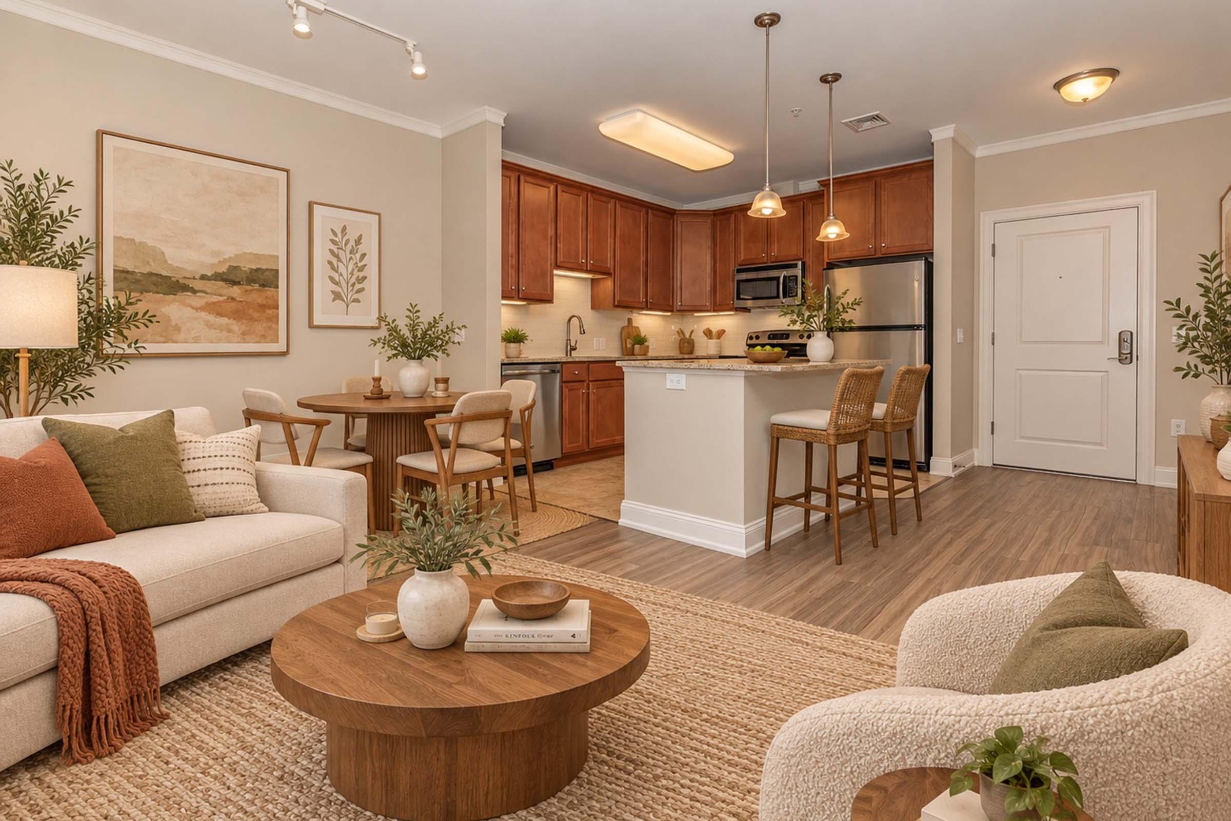 A modern living space featuring a cozy sofa, a round coffee table, and a decorative rug. The open-concept kitchen showcases wooden cabinets, stainless steel appliances, and barstool seating. Potted plants and artwork add warmth to the neutral-toned decor, enhancing the inviting atmosphere of the room.