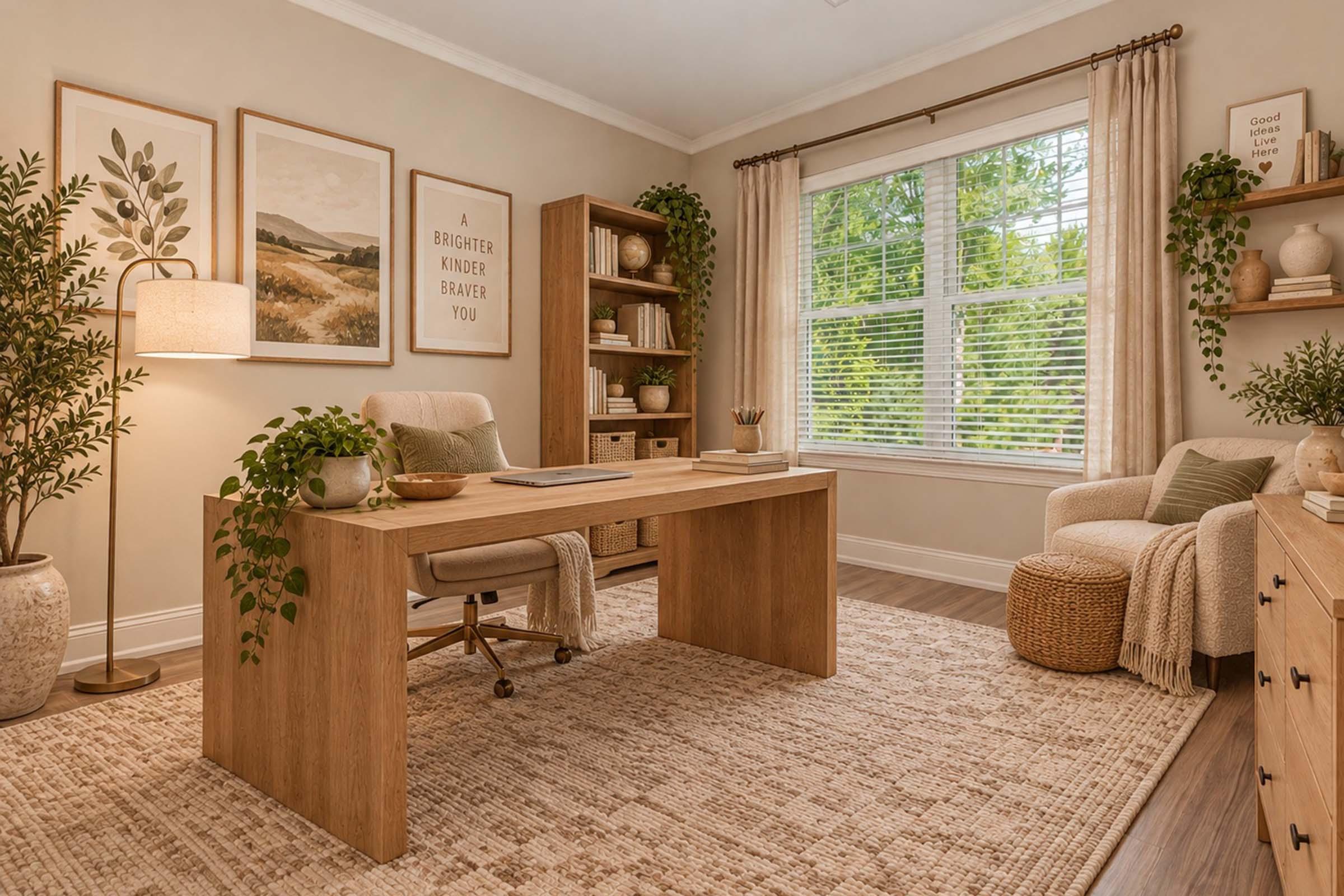 A cozy home office featuring a wooden desk with a chair, a large window with natural light, and decorative plants. There are framed artworks on the wall, a bookshelf filled with books and decor, and a comfortable seating area with a textured rug on the floor. The overall ambiance is warm and inviting.