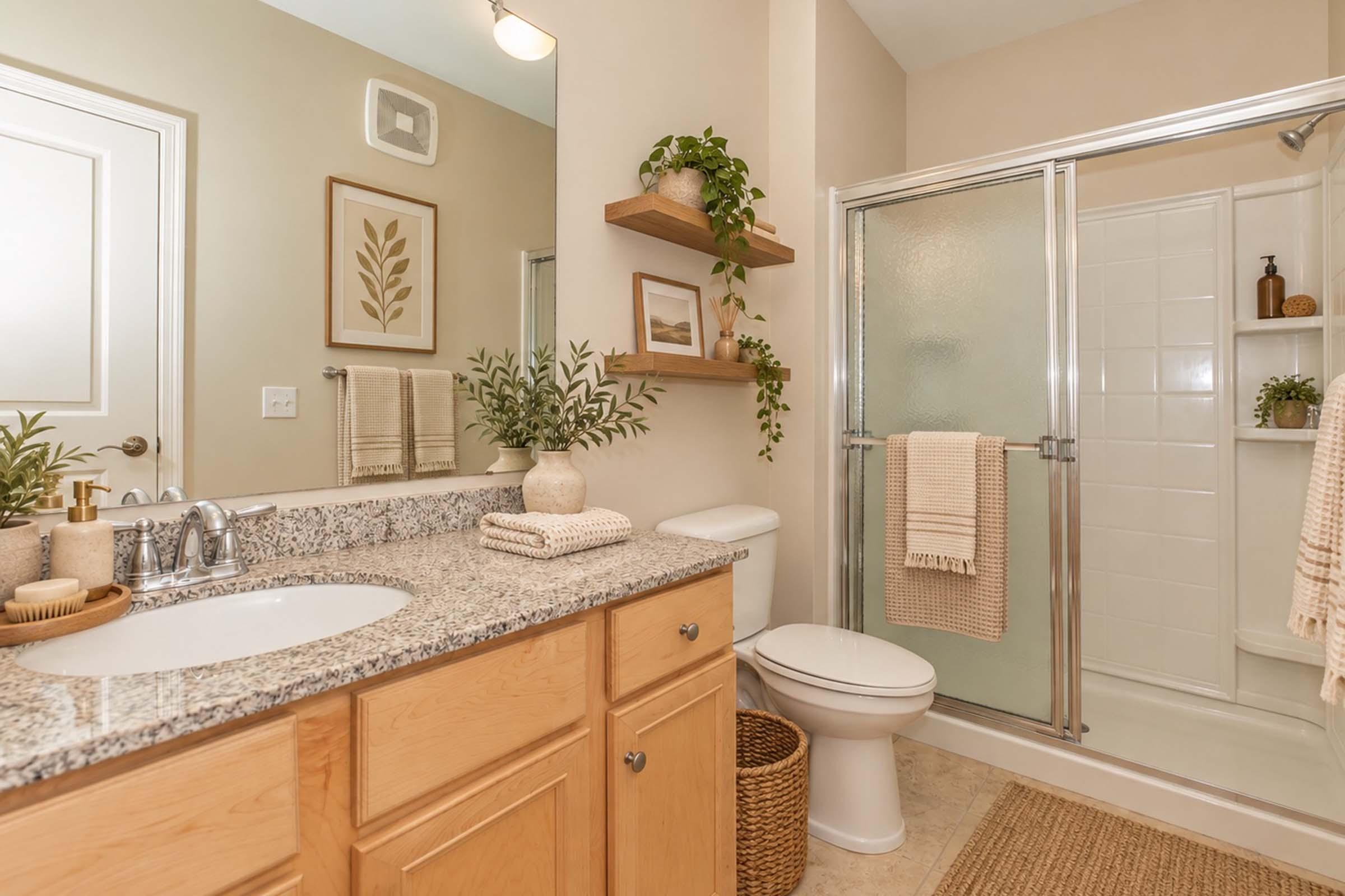 A modern bathroom featuring a granite countertop with a sink, a wooden cabinet, and a toilet. There are shelves with decorative plants and a towel. The shower has a glass door and there are cream-colored towels hanging. The walls are light-colored, giving a spacious feel, and a framed plant print is visible.
