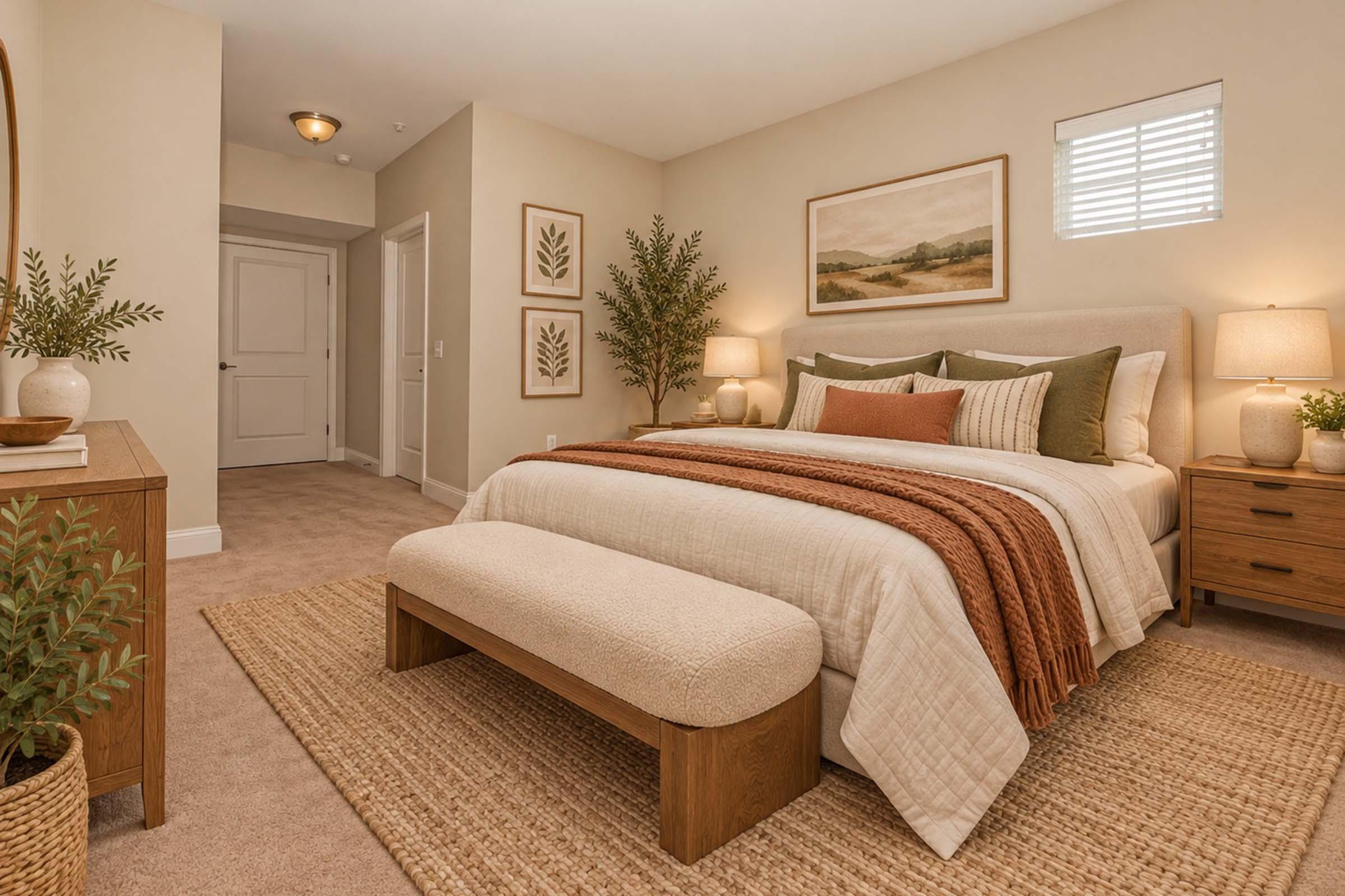 A cozy bedroom featuring a neatly made bed with a beige and rust-colored throw, complemented by decorative pillows. There's a wooden bench at the foot of the bed, a natural fiber rug on the floor, and soft lighting from bedside lamps. Decorative plants and framed artwork add warmth to the space.