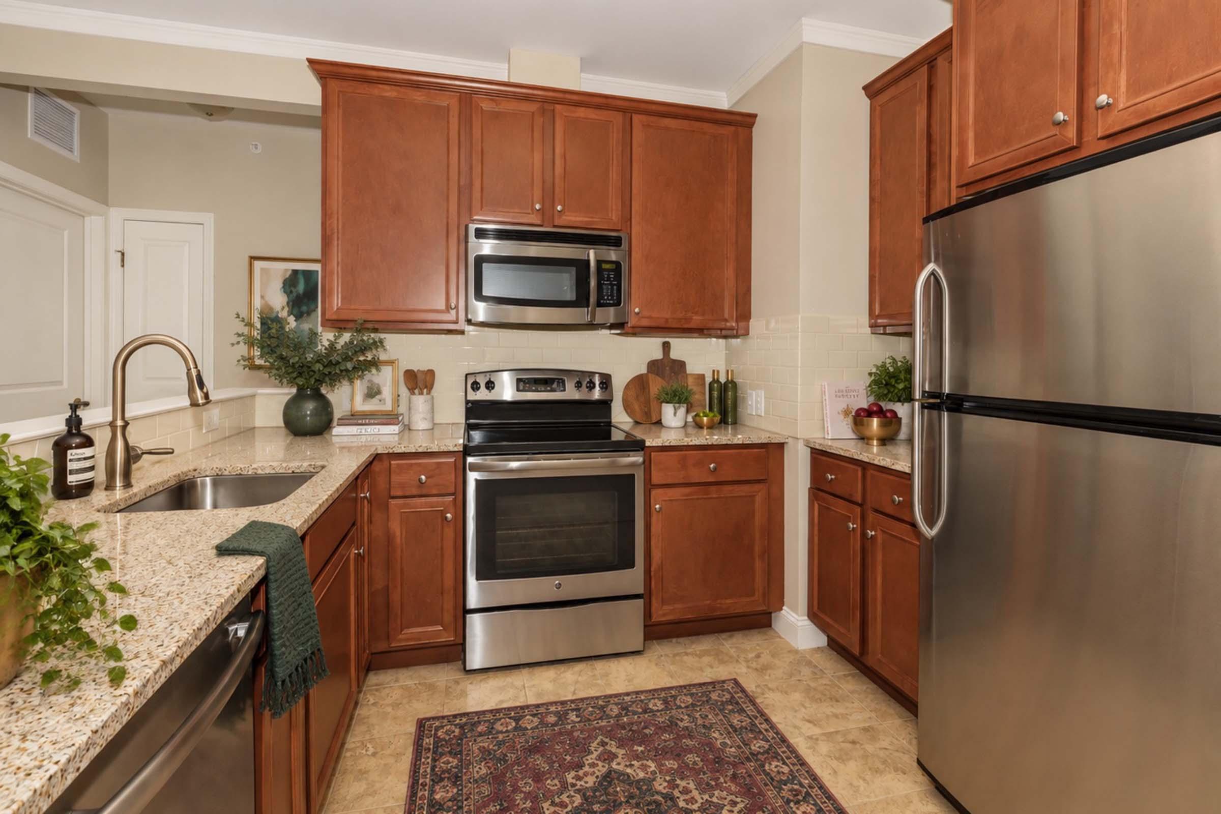 A modern kitchen featuring wooden cabinets, stainless steel appliances including an oven and refrigerator, and a granite countertop. The space is decorated with plants, a decorative rug on the floor, and kitchen items on display, creating a warm and inviting atmosphere.