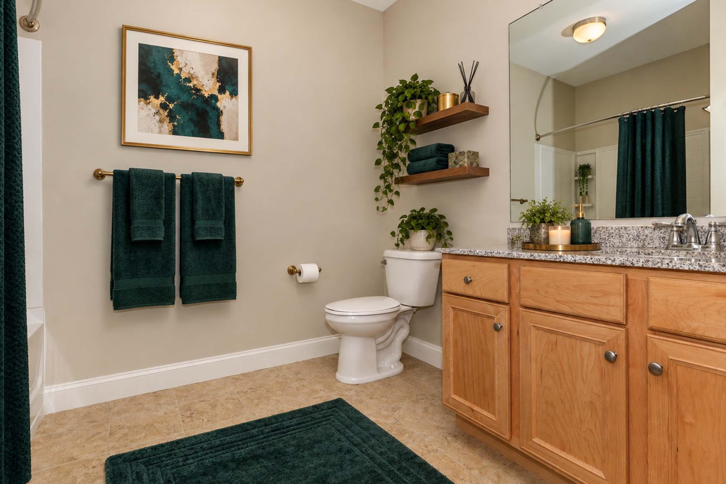 A modern bathroom featuring beige walls and a light brown cabinet. The counter has a sink and decorative plants. On the wall, there is a framed artwork with green and gold tones. Dark green towels hang on a rack, and a small shelf holds more plants. A toilet is positioned beside the sink, and a bath mat lies on the floor.