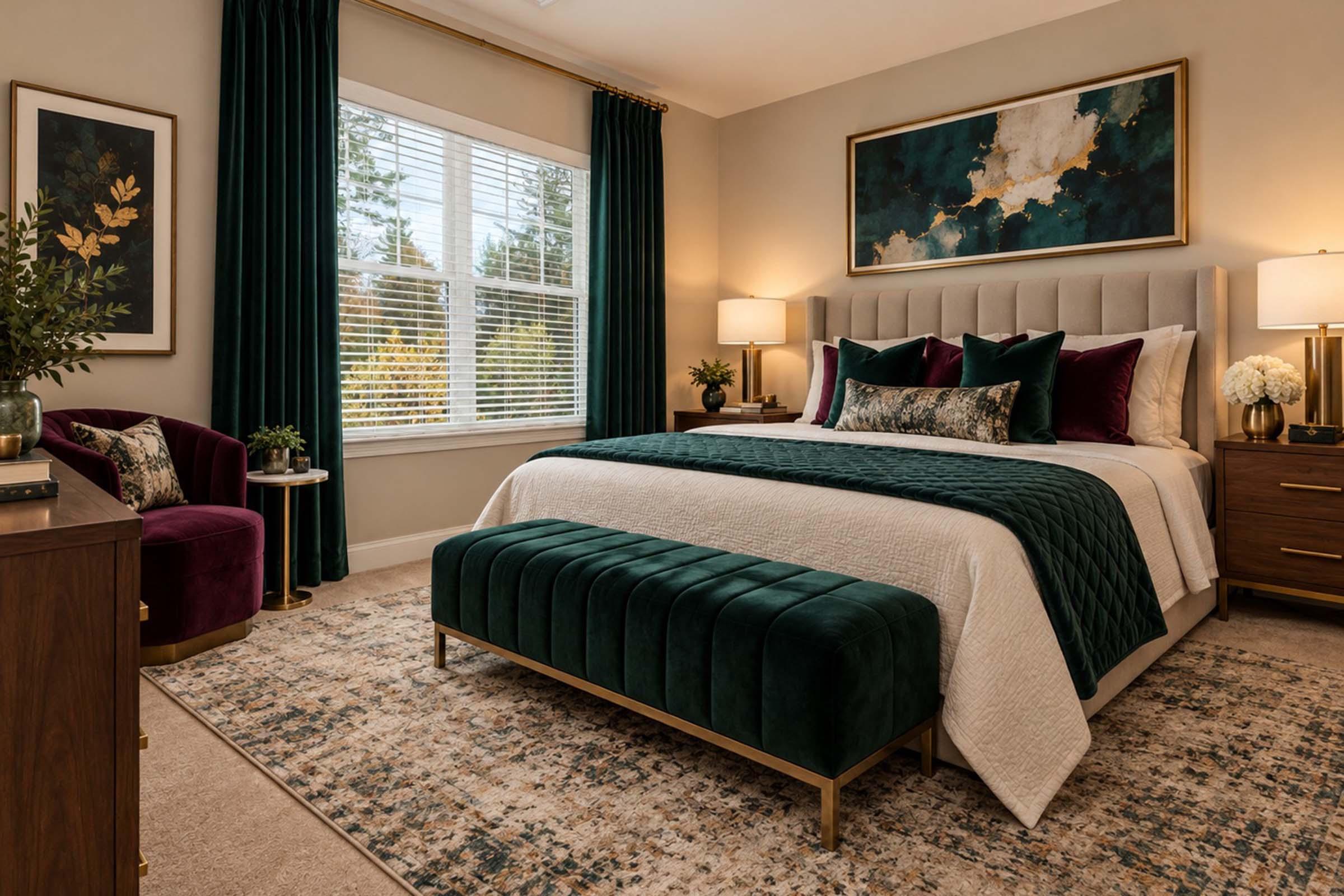 A stylish bedroom featuring a plush bed with a green and white color scheme, adorned with decorative pillows. The room includes a cozy seating area with a purple chair, large windows with green curtains, and a decorative rug. Two bedside lamps and a floral arrangement complete the inviting atmosphere.