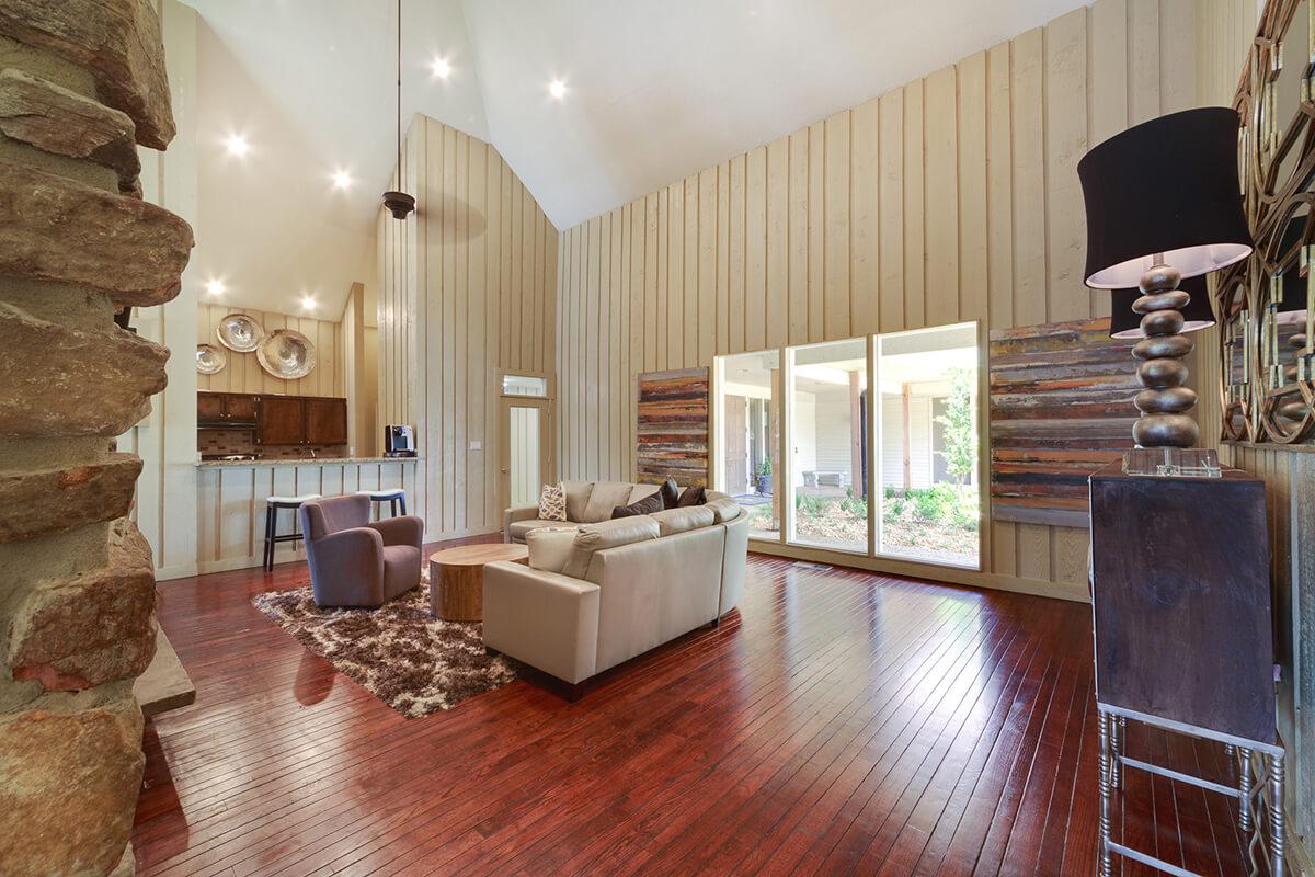 a room filled with furniture and a fireplace