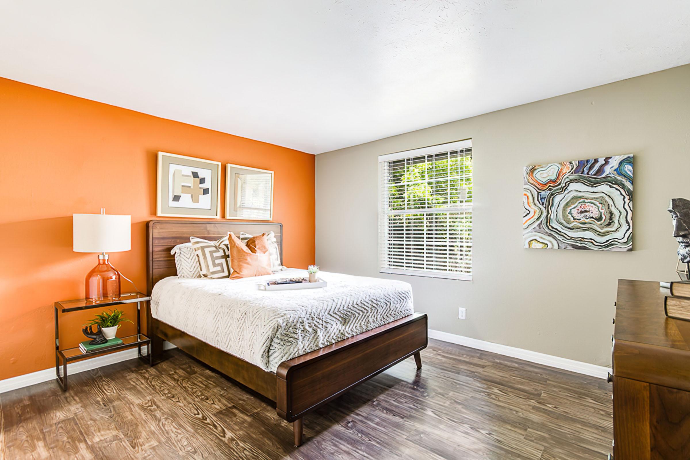 A modern bedroom featuring a large bed with white bedding, an orange accent wall, and light gray walls. There are framed artworks above the bed, a nightstand with a lamp and plant, and a decorative piece on the dresser. The room has plenty of natural light from a window with blinds.