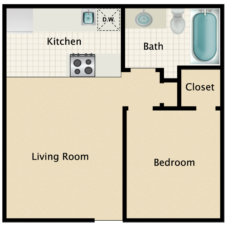 Floor plan image of 1 Bed 1 Bath