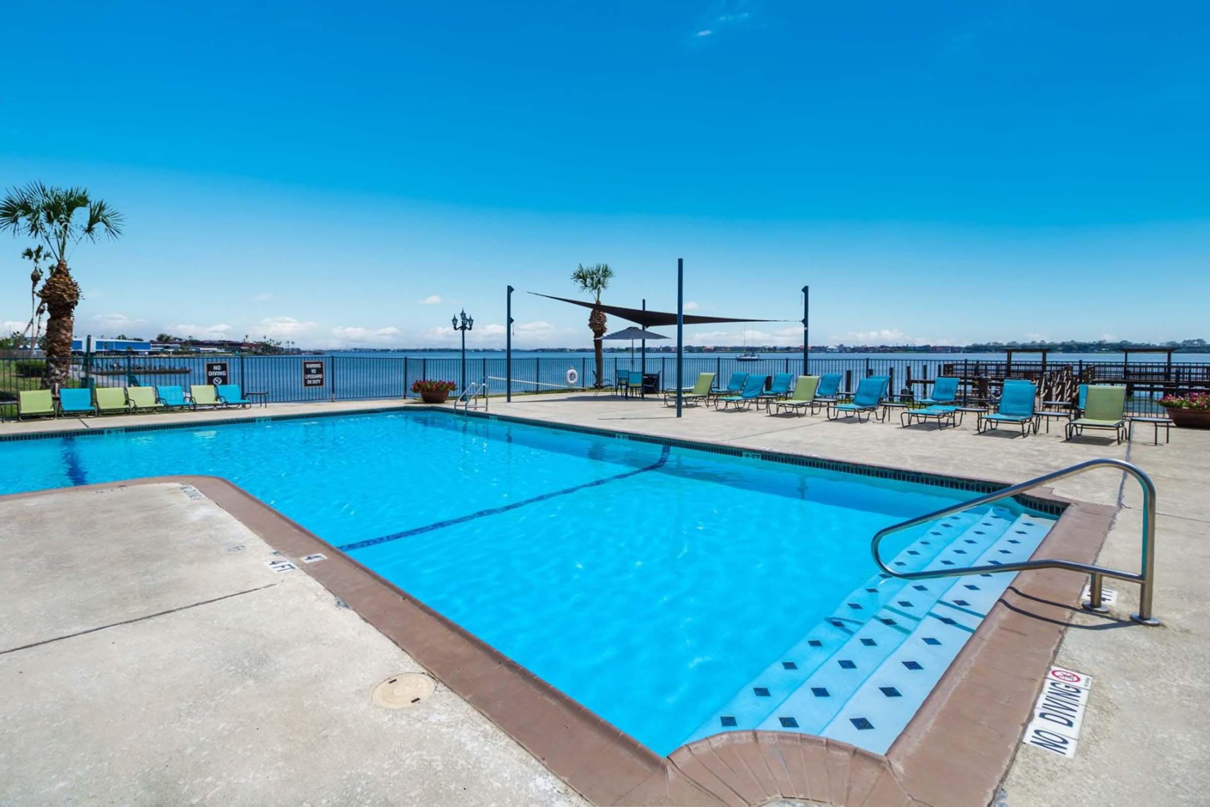 A clear blue swimming pool surrounded by lounge chairs, with palm trees in the background. The pool is situated by a waterfront, under a bright blue sky. A diving board is visible at the edge of the pool, with seating and decorative elements along the poolside.