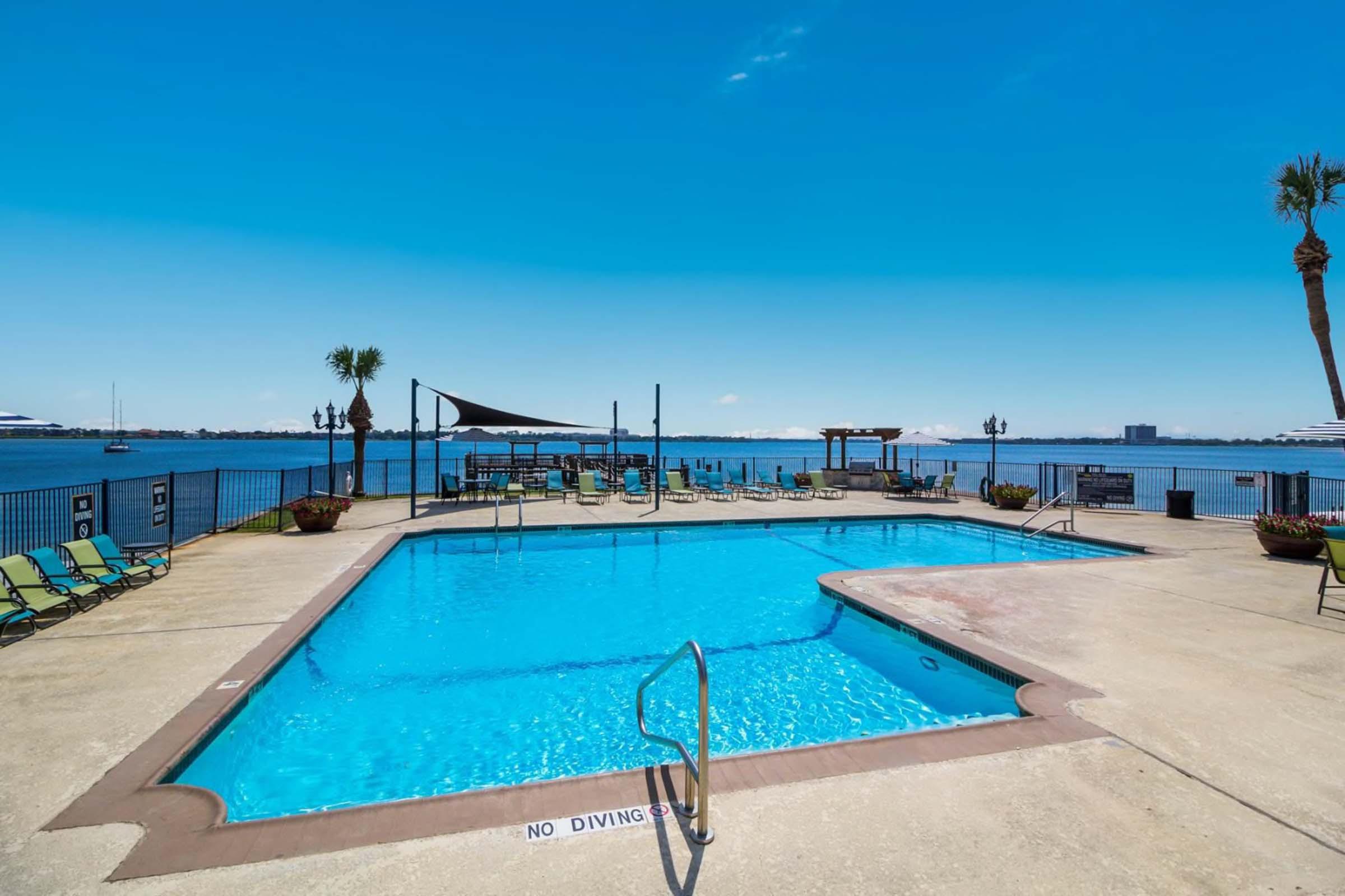 A clear blue swimming pool sits on a sunny patio overlooking a body of water, with lounge chairs arranged around it. Palm trees and a shaded area are visible nearby, creating a relaxing atmosphere. A "No Diving" sign is placed near the pool's edge.