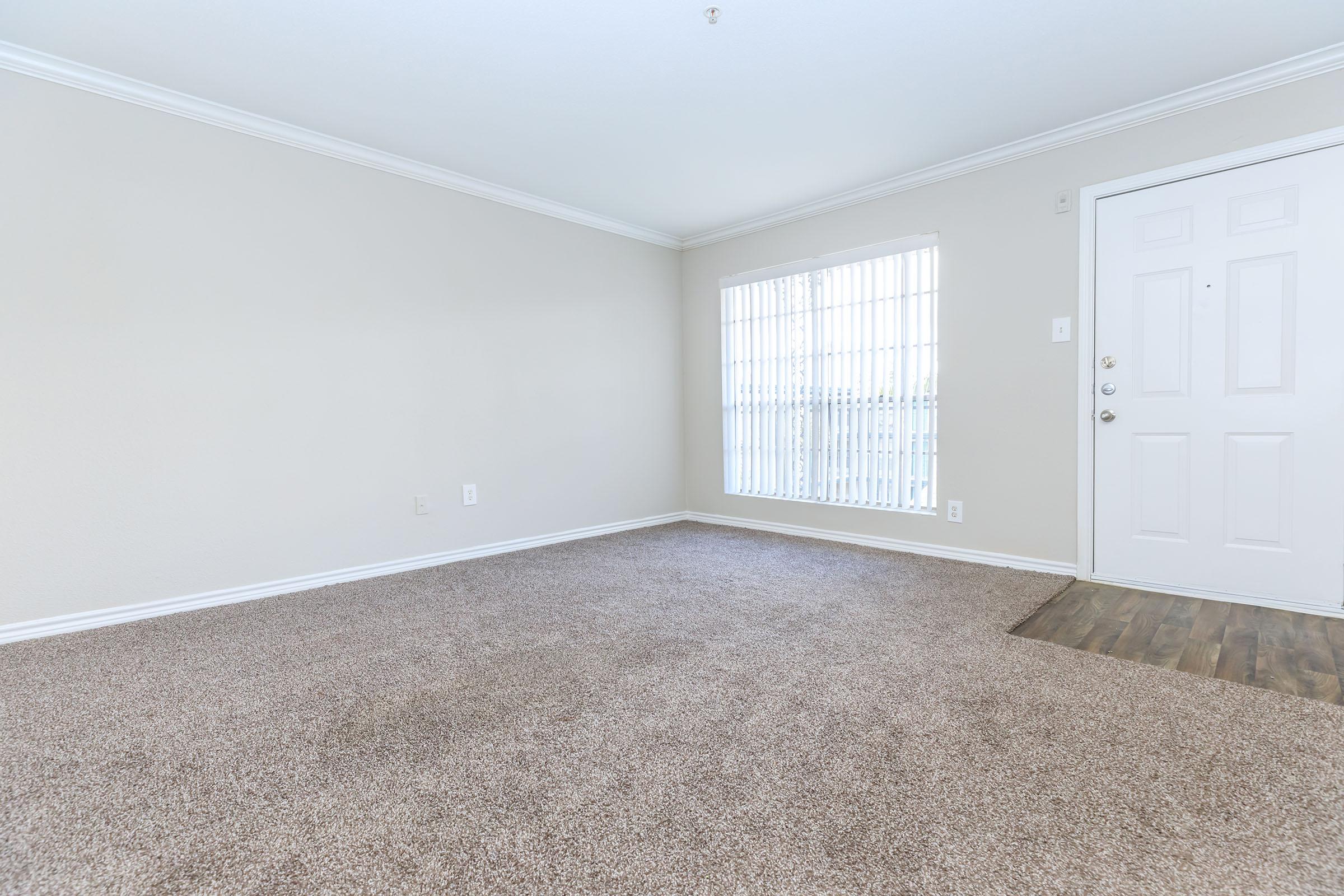 A spacious, empty room with light beige walls and carpeted flooring. A white door is visible, along with a window featuring vertical blinds that allow natural light to enter. The room has a clean and simple aesthetic, ideal for various decor styles.