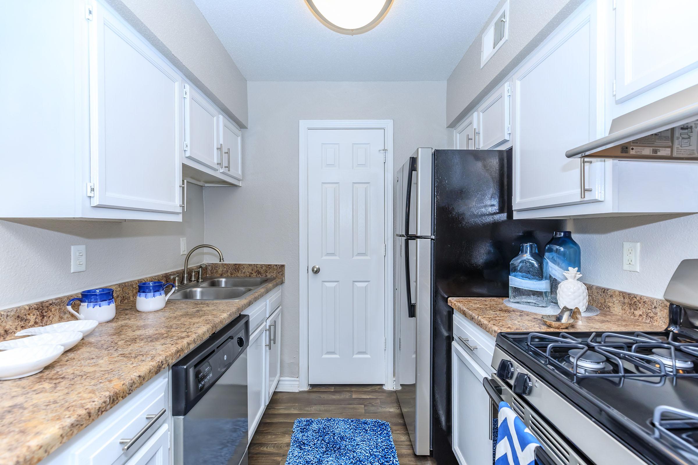 A modern kitchen featuring white cabinets, a dark granite countertop, silver appliances including a refrigerator, a dishwasher, and a gas stove. A blue and white rug is placed on the floor, and decorative items like a pineapple and glass containers are displayed on the counter. The room is well-lit with natural light.