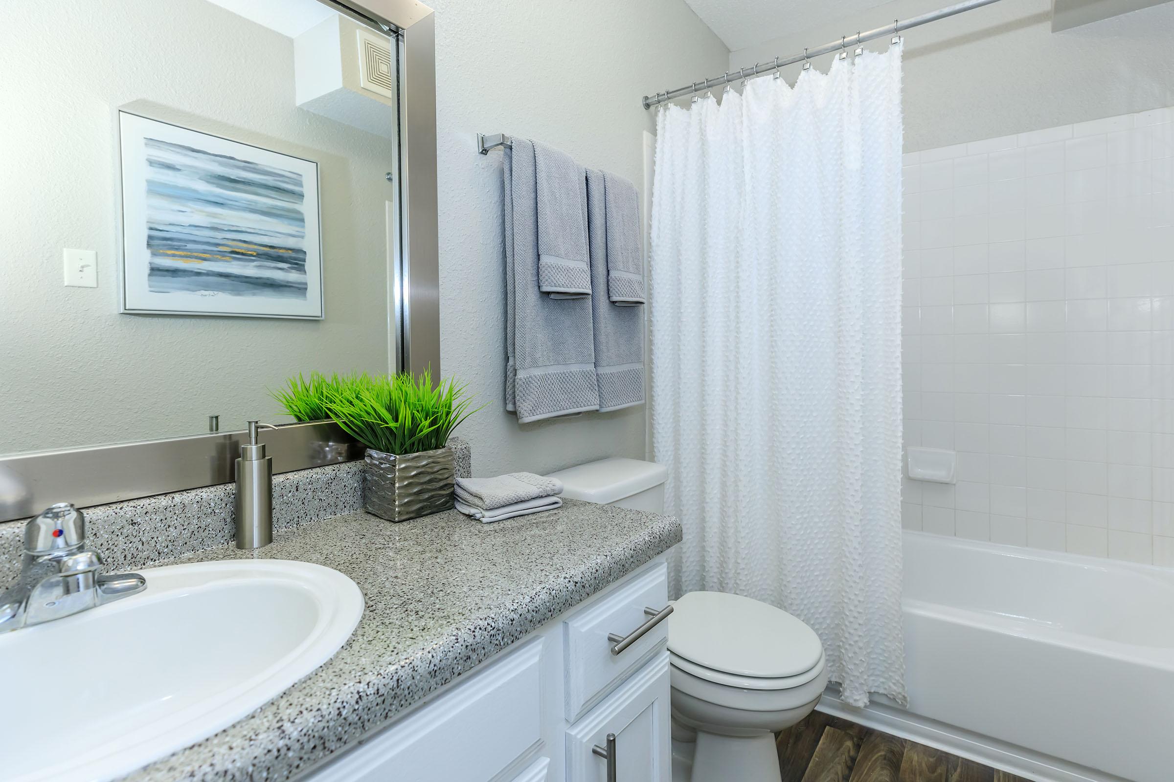 A modern bathroom featuring a white shower curtain, a gray towel rack with two towels, a sink with a granite countertop, a decorative plant, and a mirror. The wall has a framed abstract painting, and there is a toilet beside the bathtub. The overall decor is neutral and clean.