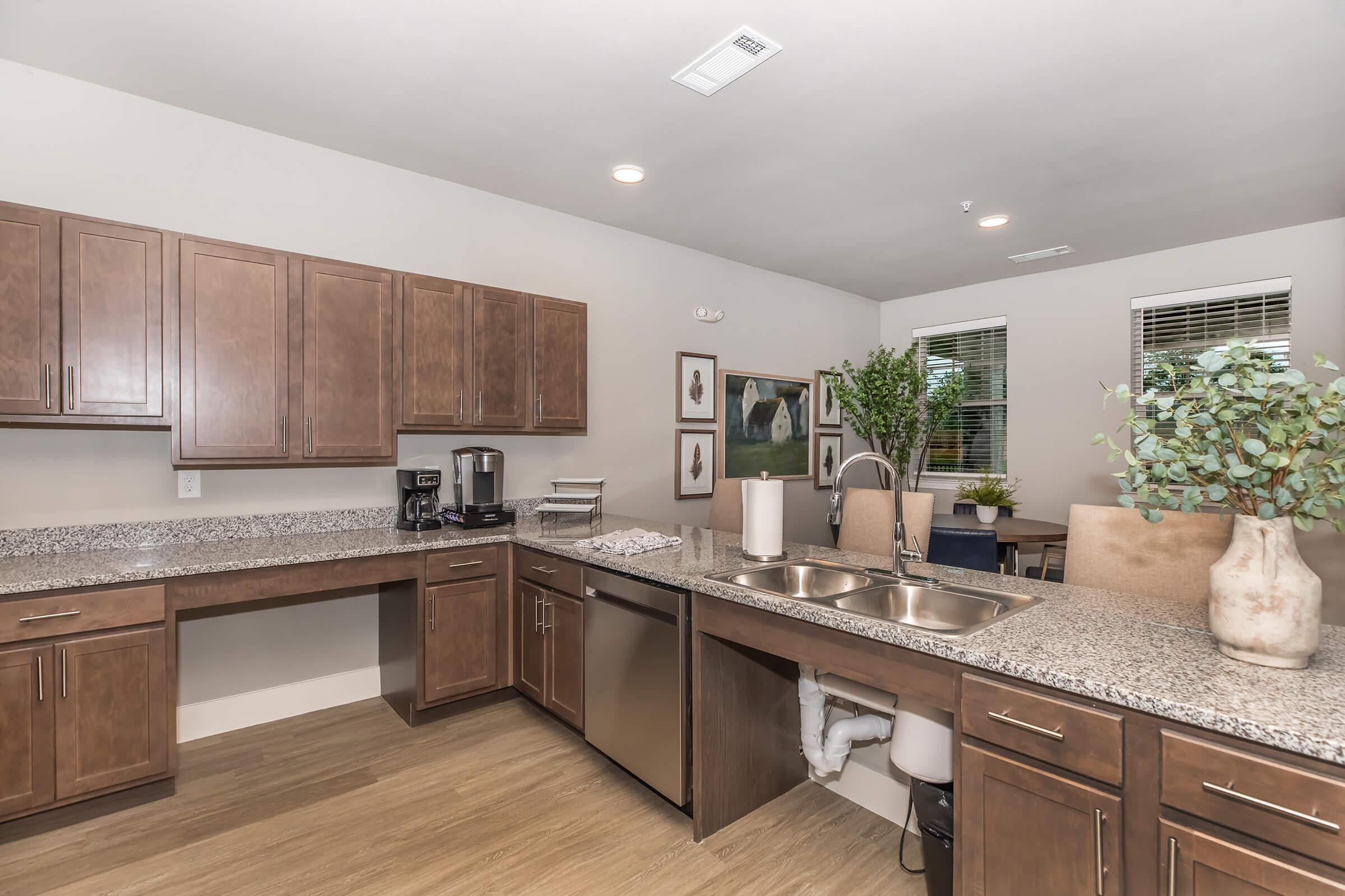 A modern kitchen featuring wooden cabinets, a double sink with a silver faucet, and granite countertops. There is a coffee maker, a dining area visible in the background, and potted plants on the counter. Natural light comes in through windows, enhancing the contemporary design.