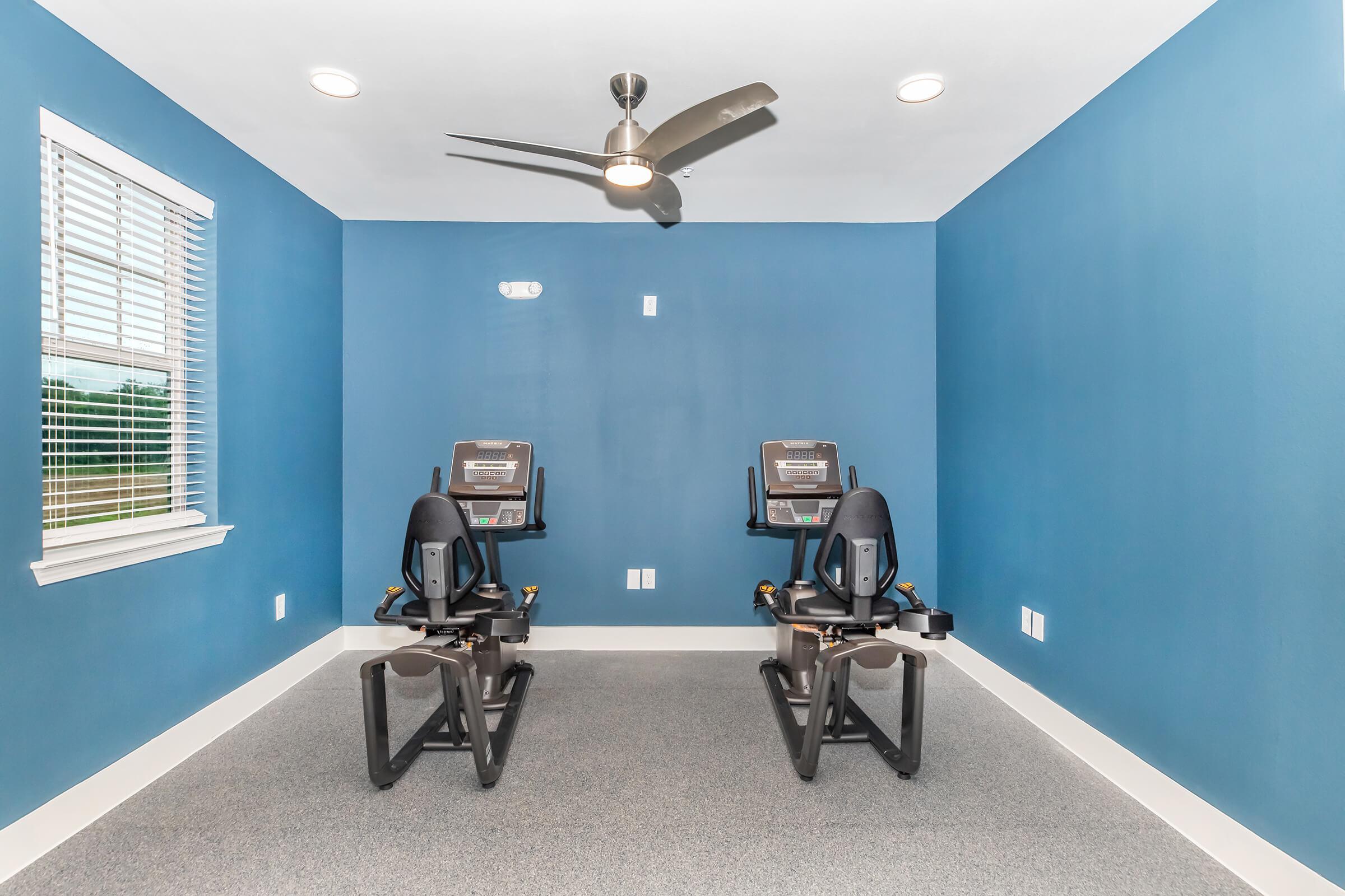 A small home gym with two exercise machines facing each other, set against a blue-painted wall. The room has a ceiling fan and natural light coming through a window with white blinds. The floor is covered in grey carpeting.
