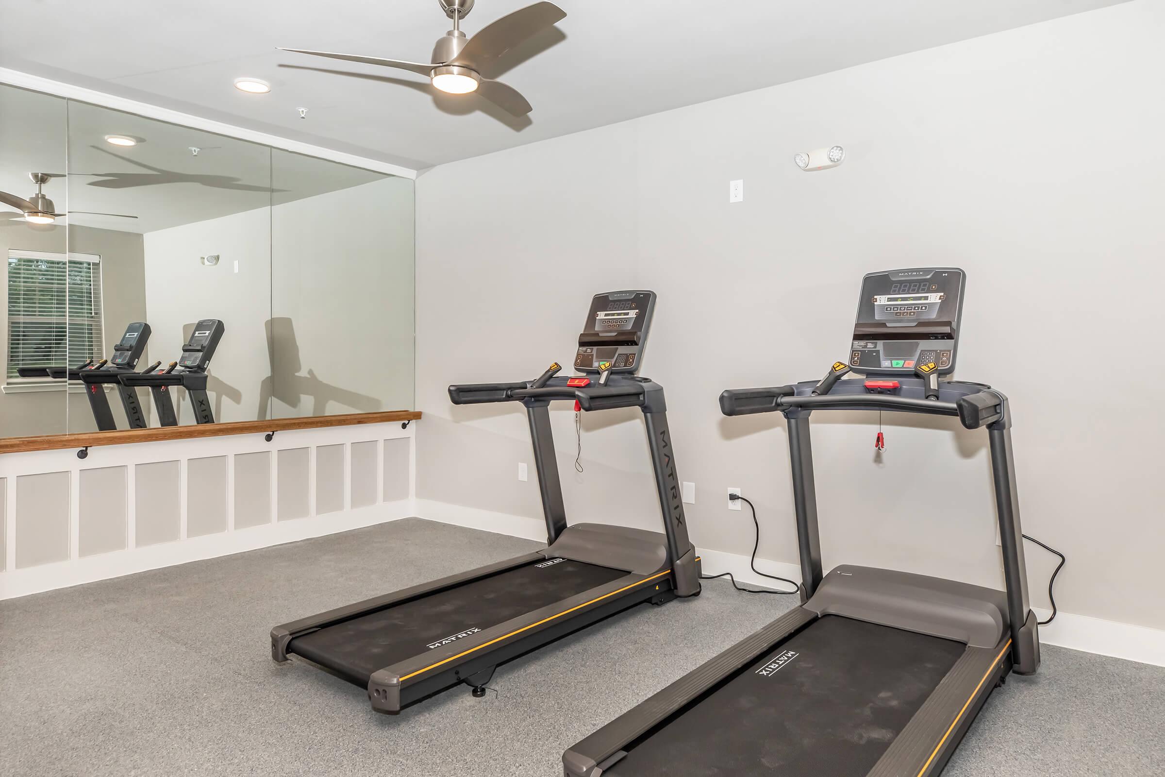 Two treadmills are positioned in a well-lit exercise room with a ceiling fan. A large mirror reflects the treadmills, enhancing the feeling of space. The room has light gray walls and carpeted flooring, creating a clean and modern appearance.
