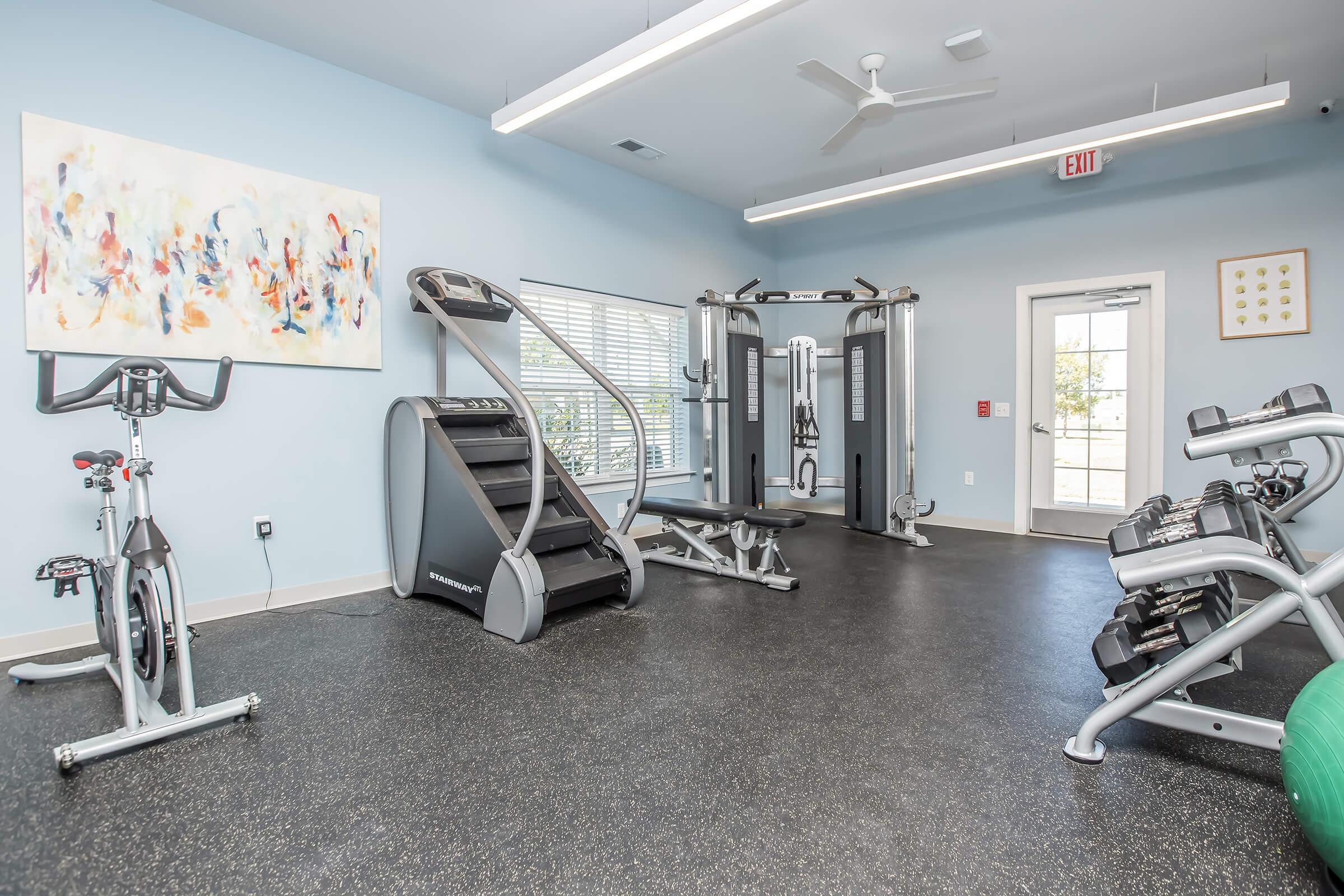 Brightly lit fitness room featuring various exercise equipment, including a stationary bike, an elliptical machine, and a multi-gym station. The space has large windows with natural light, a fan on the ceiling, and an abstract art piece on the wall, creating an inviting atmosphere for workouts.