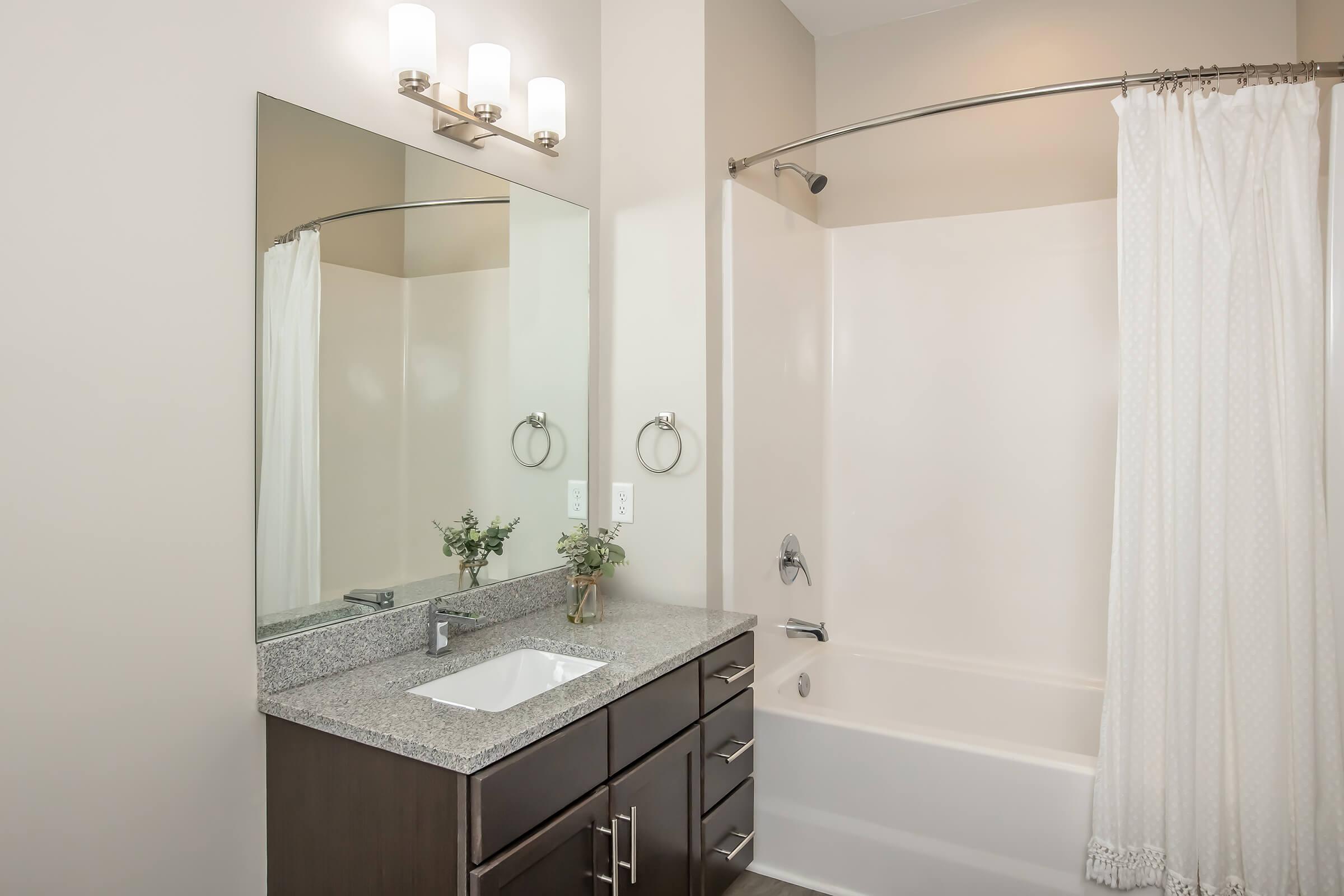 A modern bathroom featuring a bathtub with a curved shower rod and white curtain. There is a mirror above a granite countertop with a single sink. The walls are painted in a neutral shade, and there are two light fixtures above the mirror. A small plant is placed on the countertop.