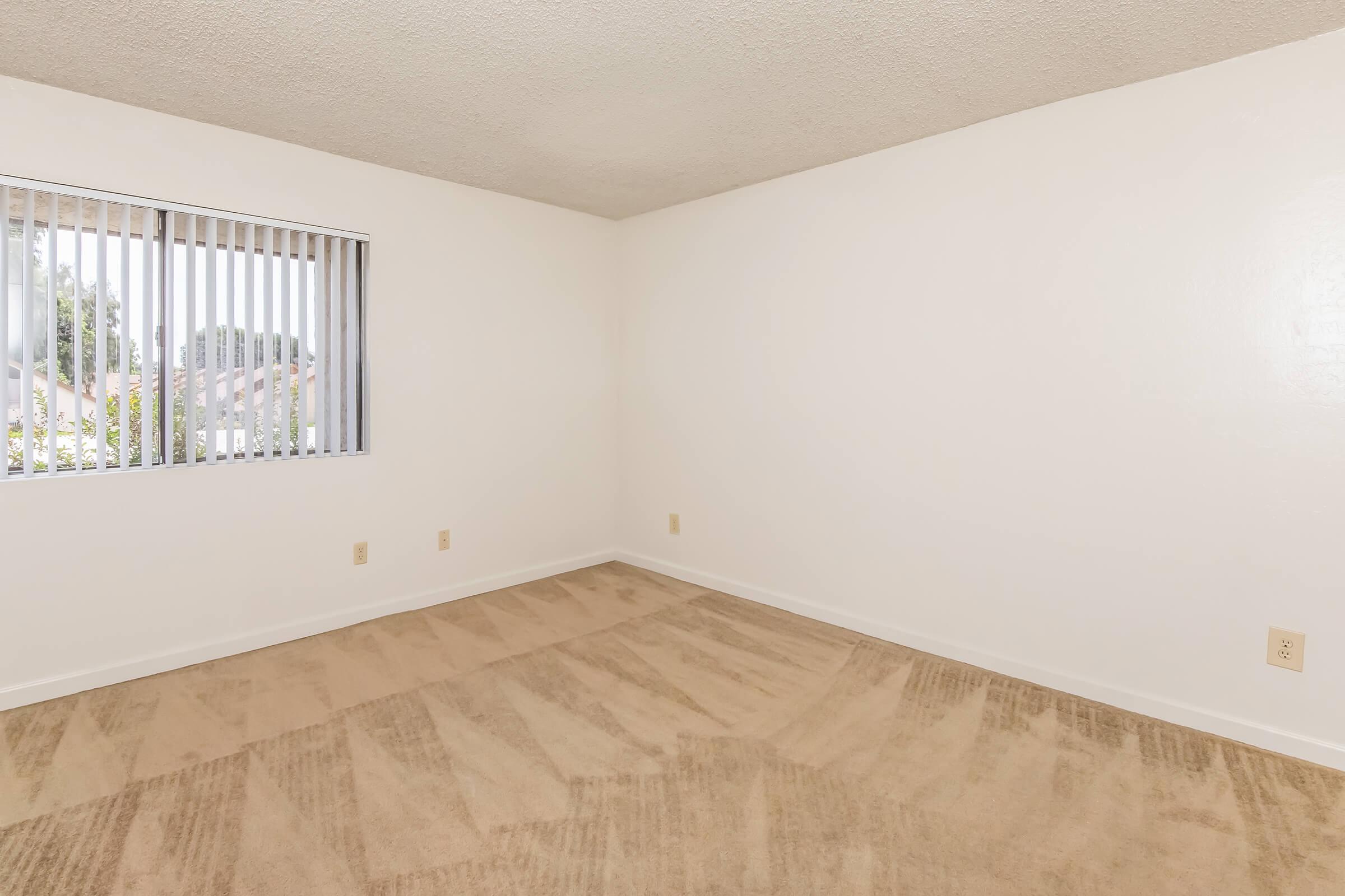 Empty room with beige carpet, white walls, and a window with blinds. The space is well-lit and has no furniture.