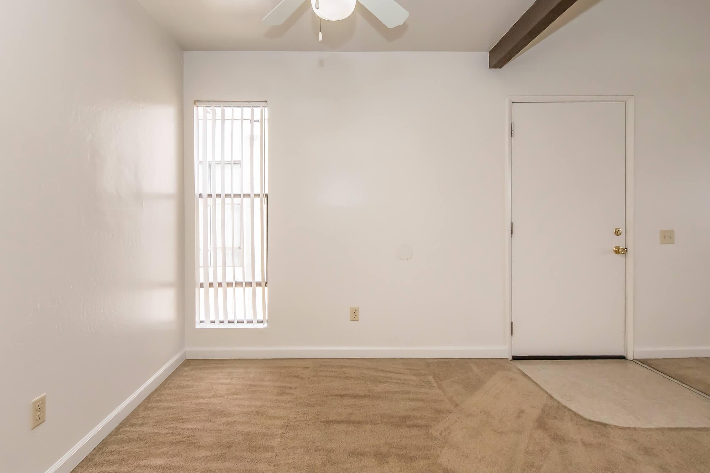 A bright, empty room with light-colored walls and a tan carpet. There is a window with vertical blinds on the left side, allowing natural light to enter. A ceiling fan hangs above, and a white door is on the right side of the wall. The room has a simple and clean aesthetic, ideal for various uses.