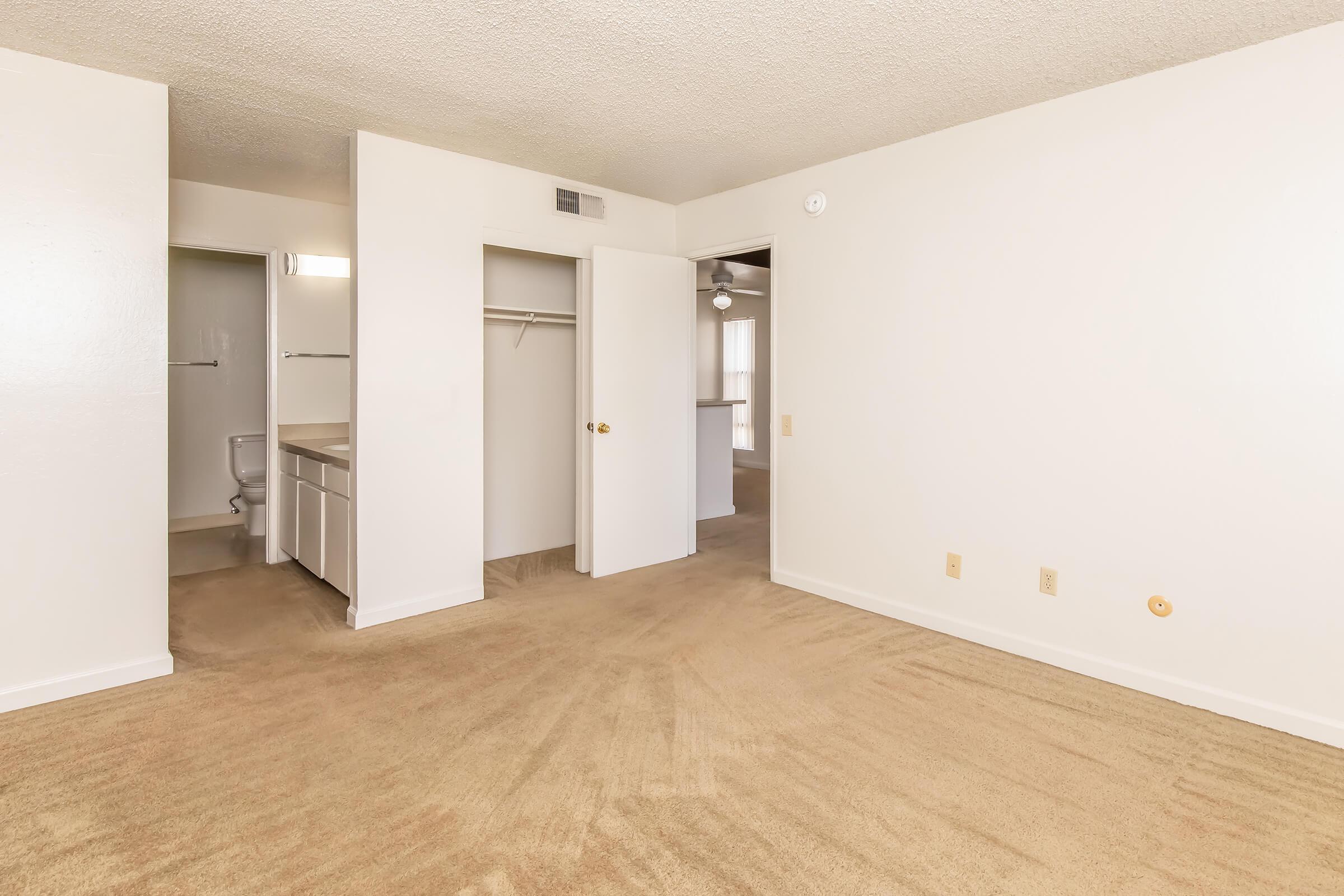 A spacious, empty room with beige carpet and white walls. To the left, there is a small area with a bathroom visible. Centered is an open door leading to another room, while another door leads to a closet. Natural light enters the space, creating a bright atmosphere.