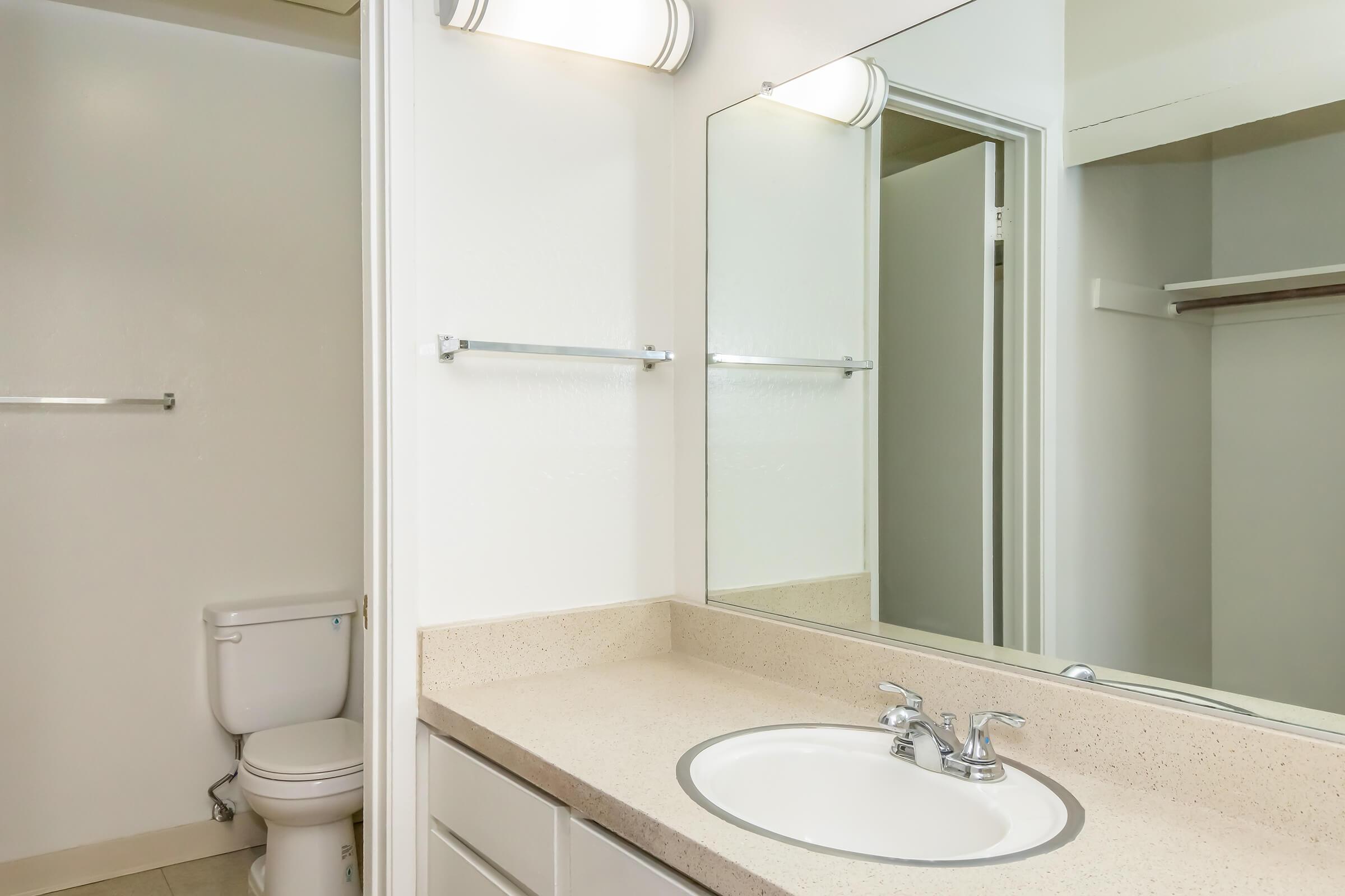 A bathroom featuring a modern countertop with a sink and faucet, a mirror above the sink, a toilet in a separate area, and a light fixture. The walls are painted in a light color, and there is an open space indicating a closet or additional storage area. The floor is tiled.