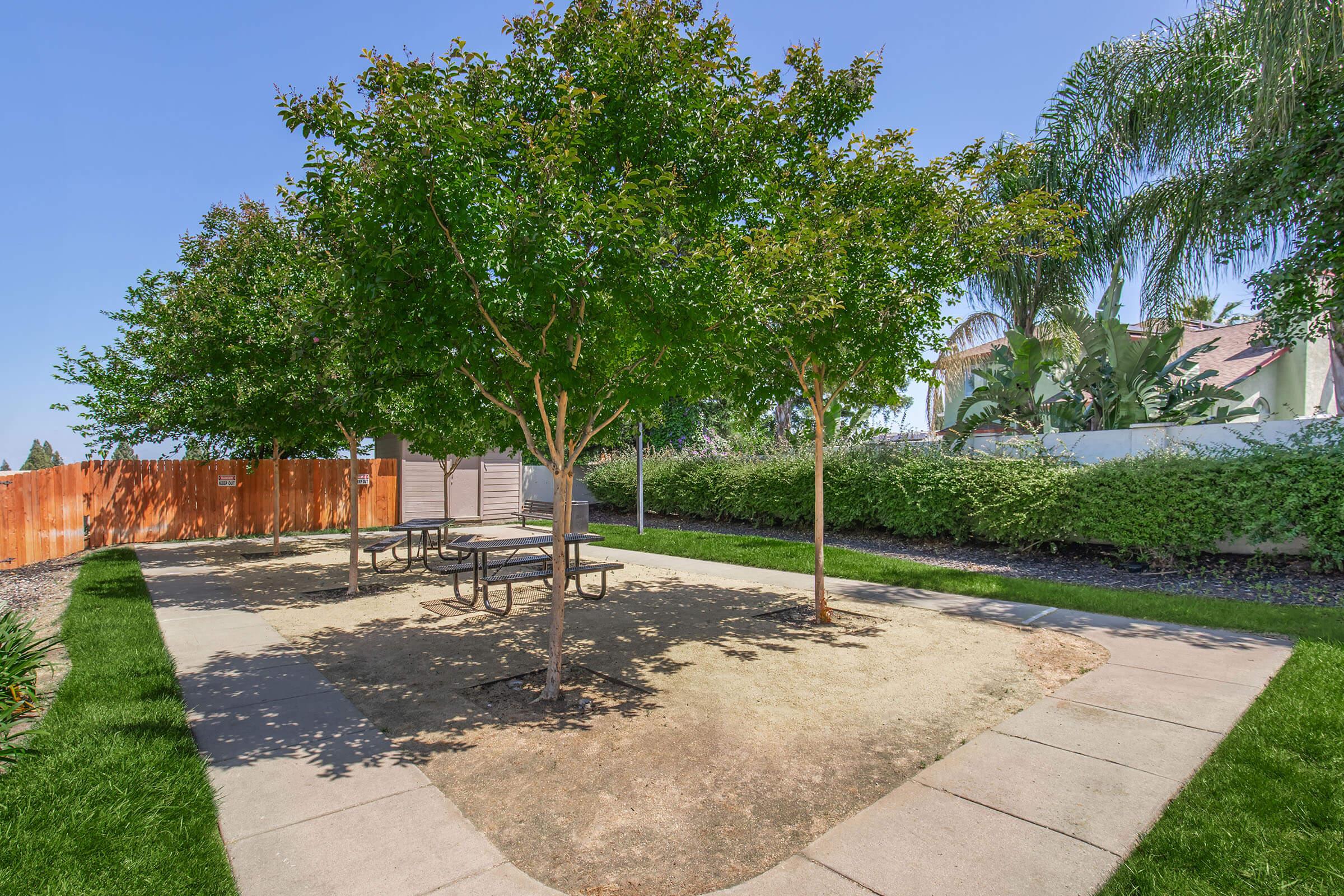 A small outdoor area with several trees providing shade, surrounded by a low fence. There are picnic tables beneath the trees, and grassy paths leading to them. The background features lush greenery and a clear blue sky, creating a peaceful atmosphere for relaxation or social gatherings.