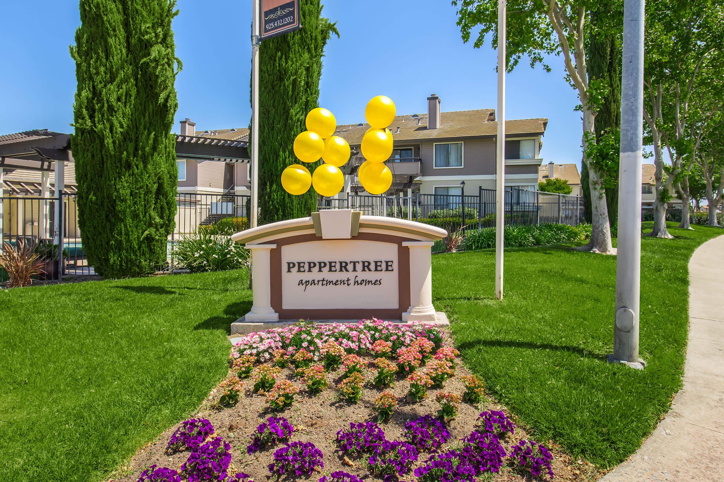 Sign for Peppertree Apartments Homes, featuring colorful yellow balloons and a landscaped area with flowers. The backdrop includes several neatly trimmed trees and nearby apartment buildings.